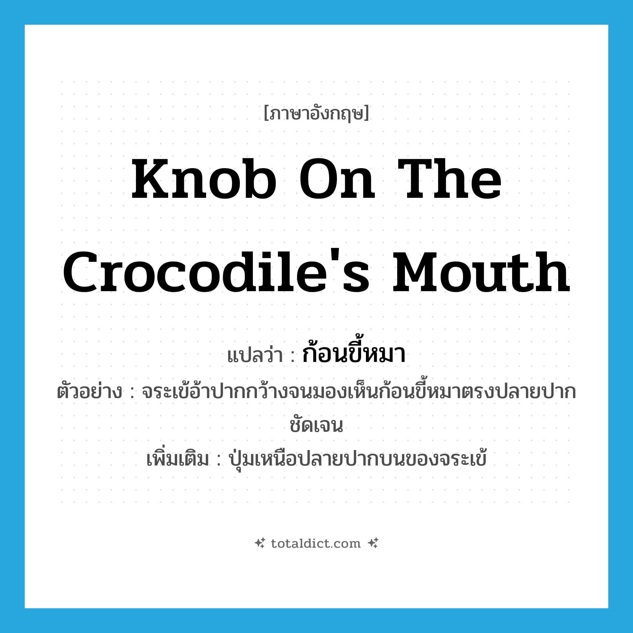 knob on the crocodile&#39;s mouth แปลว่า?, คำศัพท์ภาษาอังกฤษ knob on the crocodile&#39;s mouth แปลว่า ก้อนขี้หมา ประเภท N ตัวอย่าง จระเข้อ้าปากกว้างจนมองเห็นก้อนขี้หมาตรงปลายปากชัดเจน เพิ่มเติม ปุ่มเหนือปลายปากบนของจระเข้ หมวด N