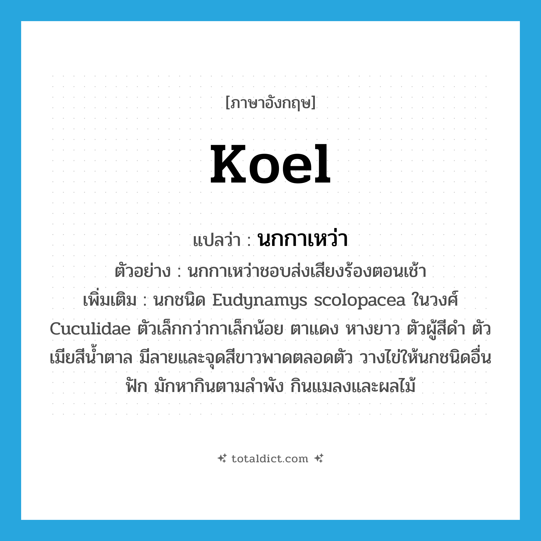 koel แปลว่า?, คำศัพท์ภาษาอังกฤษ koel แปลว่า นกกาเหว่า ประเภท N ตัวอย่าง นกกาเหว่าชอบส่งเสียงร้องตอนเช้า เพิ่มเติม นกชนิด Eudynamys scolopacea ในวงศ์ Cuculidae ตัวเล็กกว่ากาเล็กน้อย ตาแดง หางยาว ตัวผู้สีดำ ตัวเมียสีน้ำตาล มีลายและจุดสีขาวพาดตลอดตัว วางไข่ให้นกชนิดอื่นฟัก มักหากินตามลำพัง กินแมลงและผลไม้ หมวด N