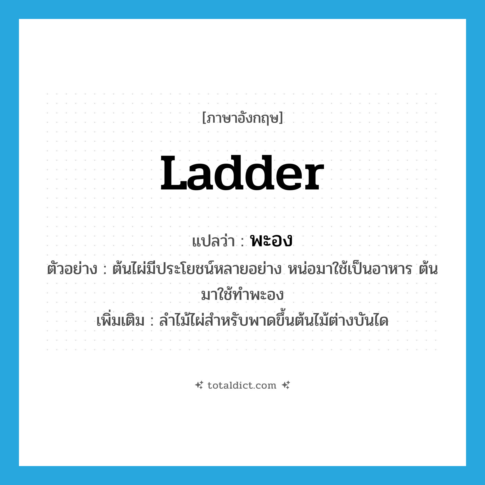 ladder แปลว่า?, คำศัพท์ภาษาอังกฤษ ladder แปลว่า พะอง ประเภท N ตัวอย่าง ต้นไผ่มีประโยชน์หลายอย่าง หน่อมาใช้เป็นอาหาร ต้นมาใช้ทำพะอง เพิ่มเติม ลำไม้ไผ่สำหรับพาดขึ้นต้นไม้ต่างบันได หมวด N