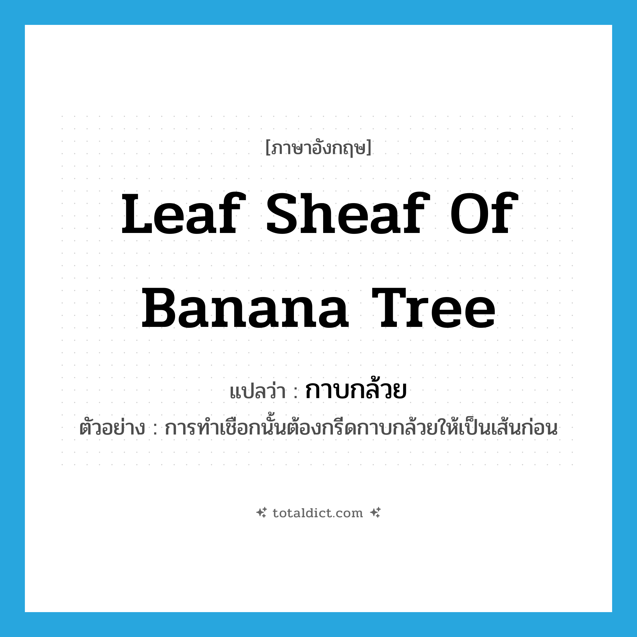 leaf sheaf of banana tree แปลว่า?, คำศัพท์ภาษาอังกฤษ leaf sheaf of banana tree แปลว่า กาบกล้วย ประเภท N ตัวอย่าง การทำเชือกนั้นต้องกรีดกาบกล้วยให้เป็นเส้นก่อน หมวด N