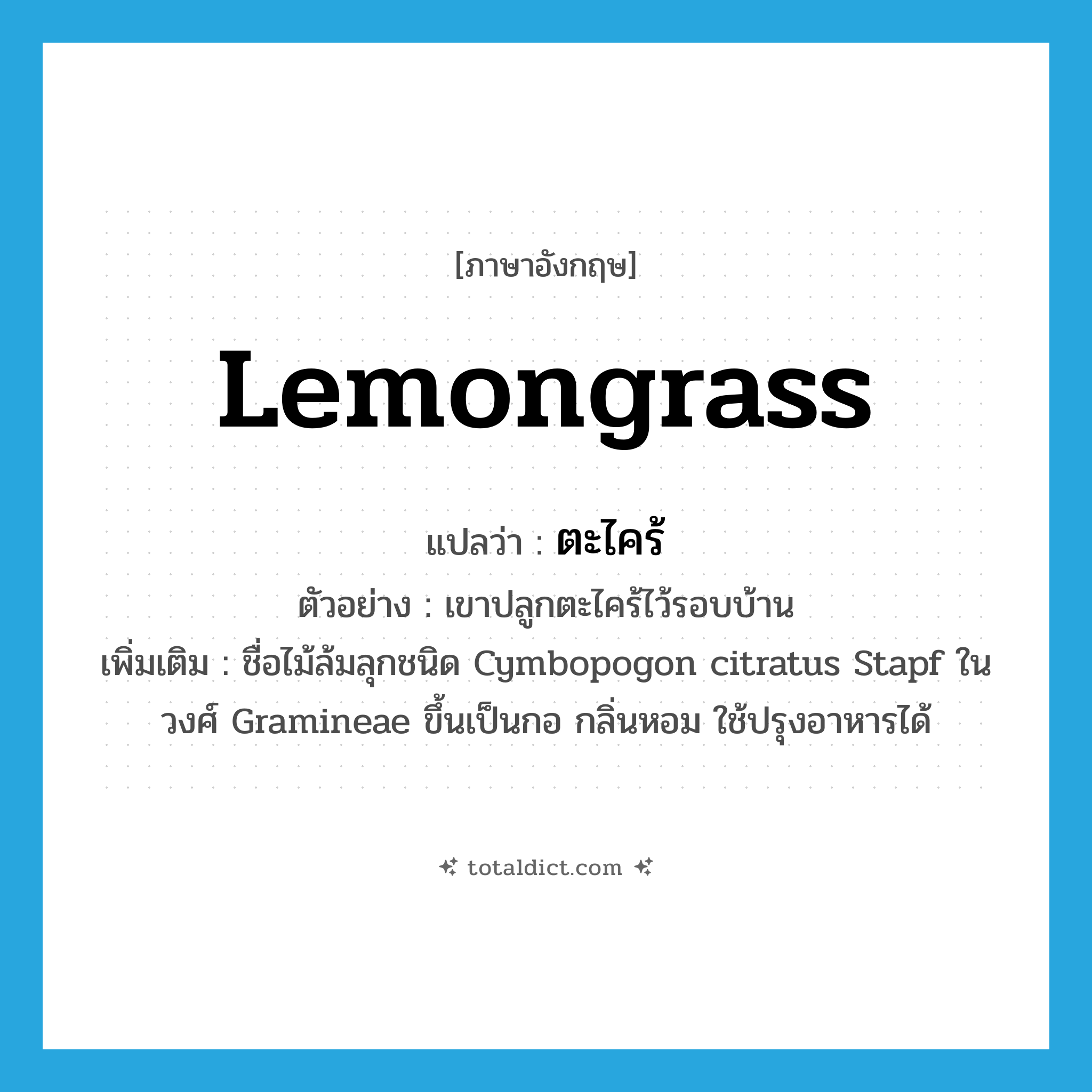 lemongrass แปลว่า?, คำศัพท์ภาษาอังกฤษ lemongrass แปลว่า ตะไคร้ ประเภท N ตัวอย่าง เขาปลูกตะไคร้ไว้รอบบ้าน เพิ่มเติม ชื่อไม้ล้มลุกชนิด Cymbopogon citratus Stapf ในวงศ์ Gramineae ขึ้นเป็นกอ กลิ่นหอม ใช้ปรุงอาหารได้ หมวด N