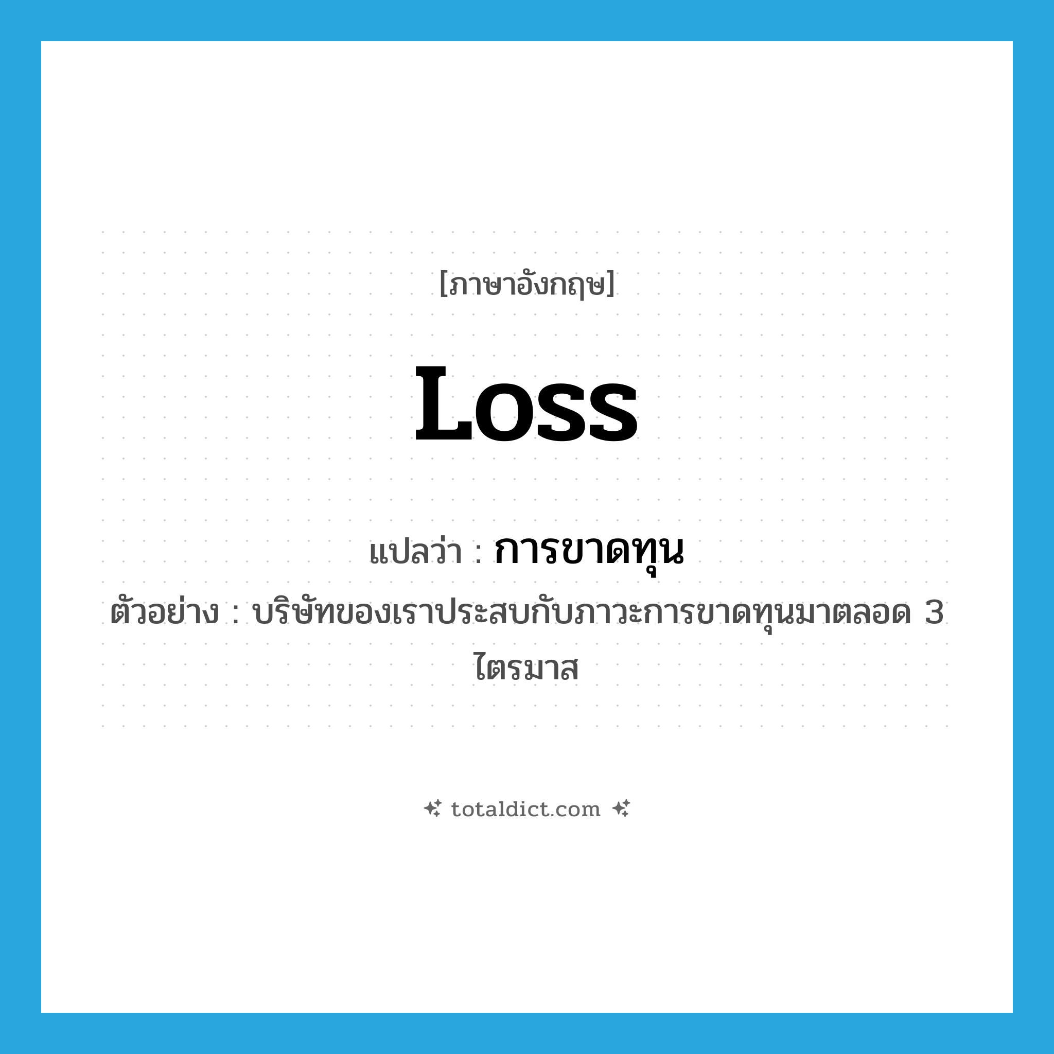 loss แปลว่า?, คำศัพท์ภาษาอังกฤษ loss แปลว่า การขาดทุน ประเภท N ตัวอย่าง บริษัทของเราประสบกับภาวะการขาดทุนมาตลอด 3 ไตรมาส หมวด N