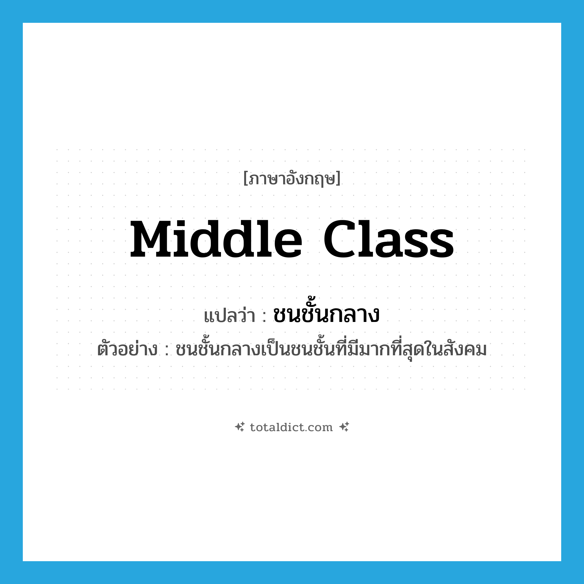 middle class แปลว่า?, คำศัพท์ภาษาอังกฤษ middle class แปลว่า ชนชั้นกลาง ประเภท N ตัวอย่าง ชนชั้นกลางเป็นชนชั้นที่มีมากที่สุดในสังคม หมวด N