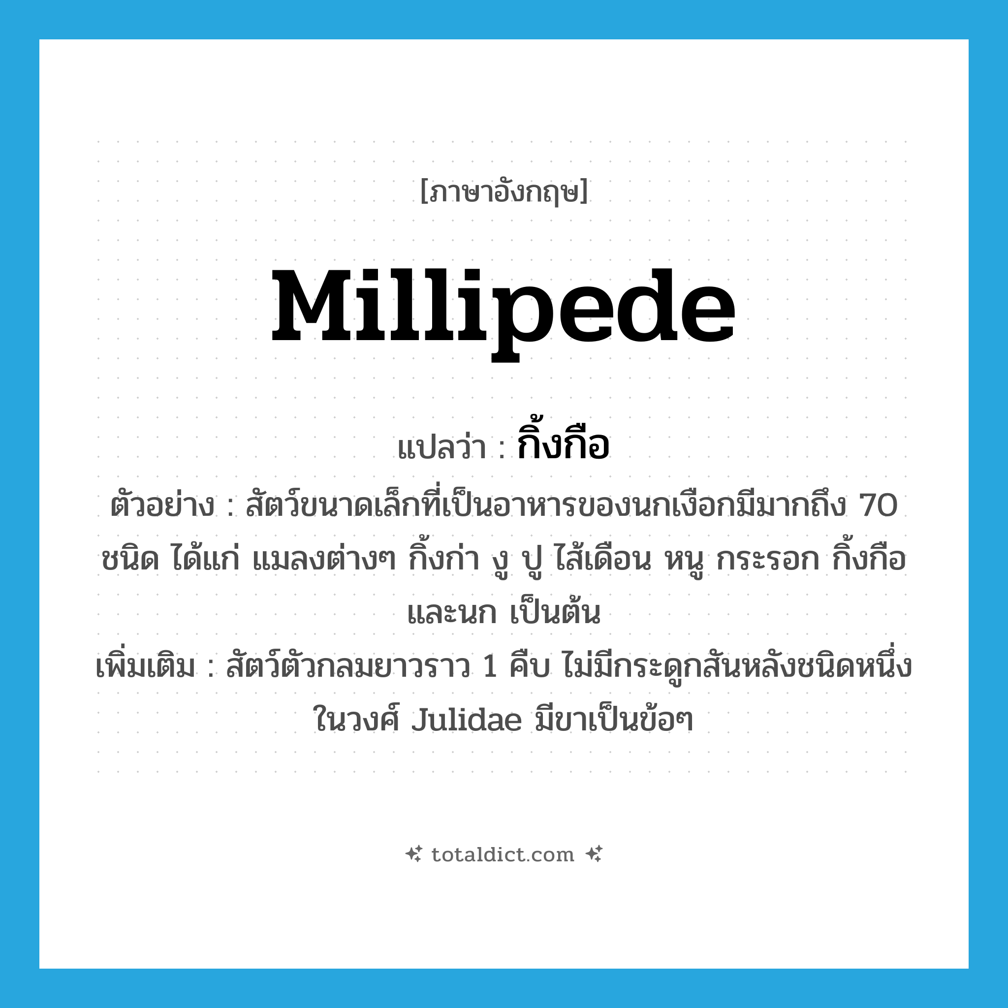 millipede แปลว่า?, คำศัพท์ภาษาอังกฤษ millipede แปลว่า กิ้งกือ ประเภท N ตัวอย่าง สัตว์ขนาดเล็กที่เป็นอาหารของนกเงือกมีมากถึง 70 ชนิด ได้แก่ แมลงต่างๆ กิ้งก่า งู ปู ไส้เดือน หนู กระรอก กิ้งกือ และนก เป็นต้น เพิ่มเติม สัตว์ตัวกลมยาวราว 1 คืบ ไม่มีกระดูกสันหลังชนิดหนึ่ง ในวงศ์ Julidae มีขาเป็นข้อๆ หมวด N