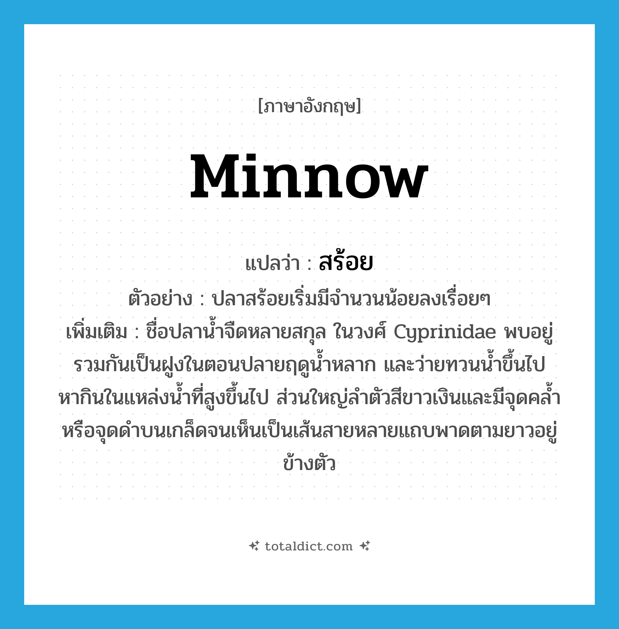 minnow แปลว่า?, คำศัพท์ภาษาอังกฤษ minnow แปลว่า สร้อย ประเภท N ตัวอย่าง ปลาสร้อยเริ่มมีจำนวนน้อยลงเรื่อยๆ เพิ่มเติม ชื่อปลาน้ำจืดหลายสกุล ในวงศ์ Cyprinidae พบอยู่รวมกันเป็นฝูงในตอนปลายฤดูน้ำหลาก และว่ายทวนน้ำขึ้นไปหากินในแหล่งน้ำที่สูงขึ้นไป ส่วนใหญ่ลำตัวสีขาวเงินและมีจุดคล้ำหรือจุดดำบนเกล็ดจนเห็นเป็นเส้นสายหลายแถบพาดตามยาวอยู่ข้างตัว หมวด N