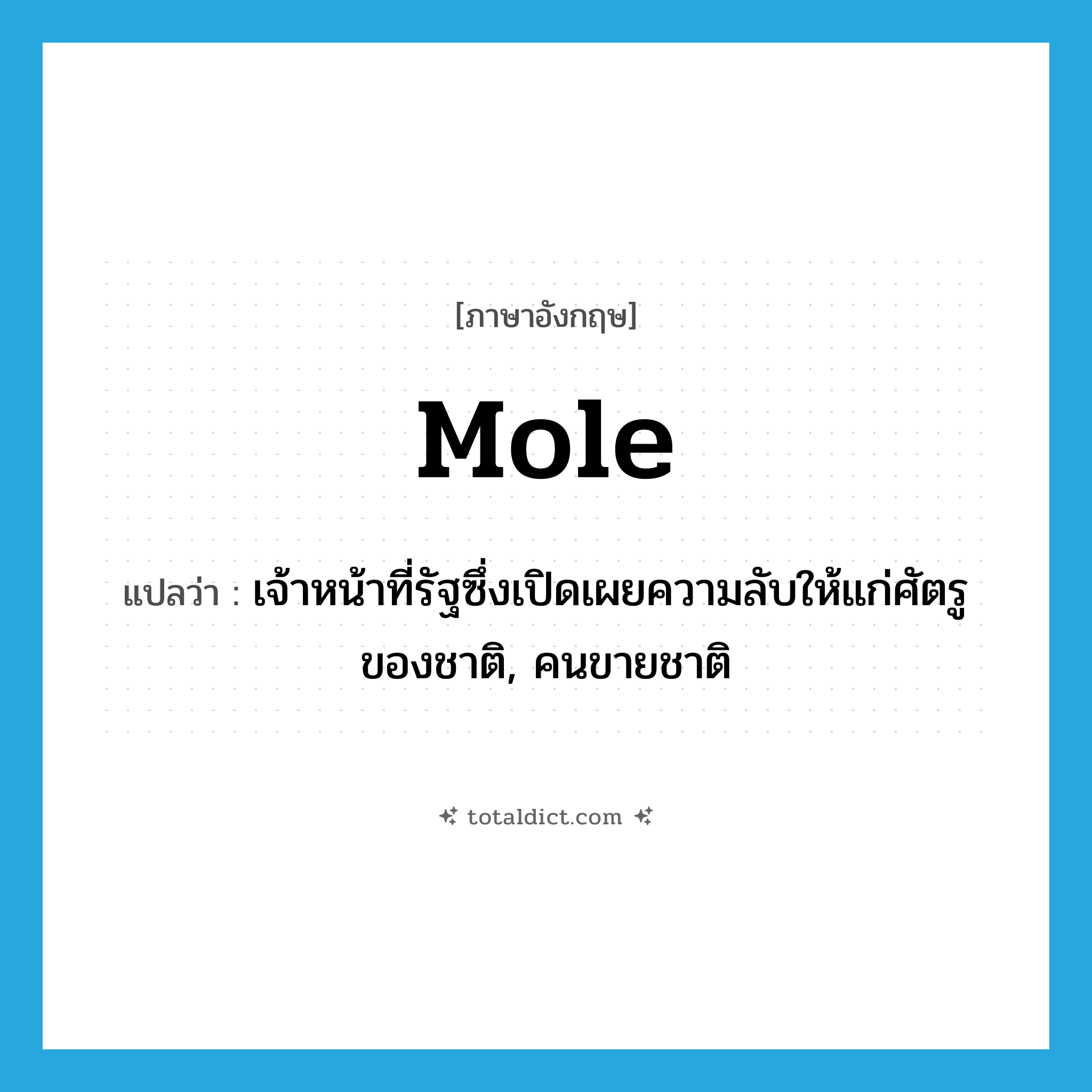 mole แปลว่า?, คำศัพท์ภาษาอังกฤษ mole แปลว่า เจ้าหน้าที่รัฐซึ่งเปิดเผยความลับให้แก่ศัตรูของชาติ, คนขายชาติ ประเภท N หมวด N