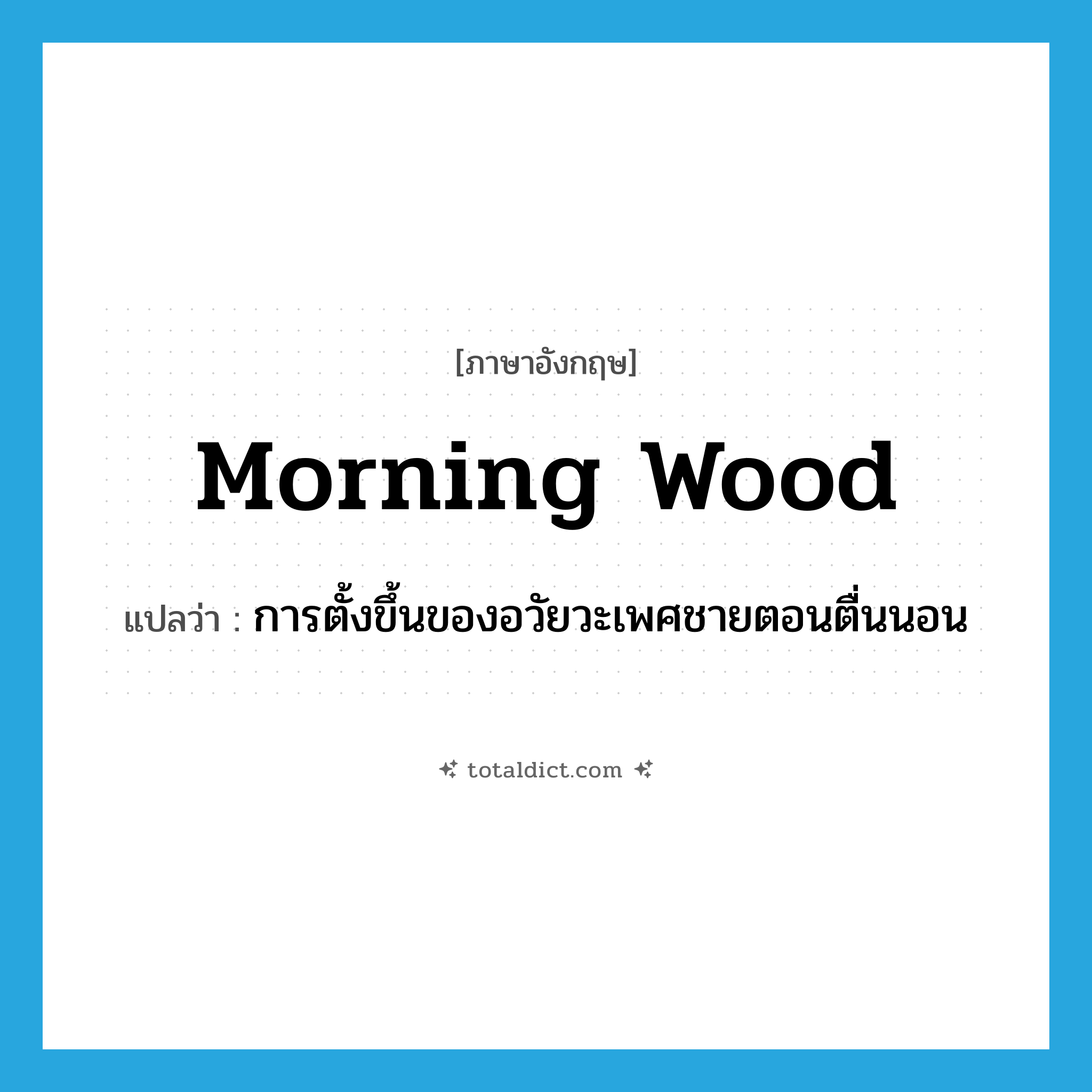 morning wood แปลว่า?, คำศัพท์ภาษาอังกฤษ morning wood แปลว่า การตั้งขึ้นของอวัยวะเพศชายตอนตื่นนอน ประเภท SL หมวด SL