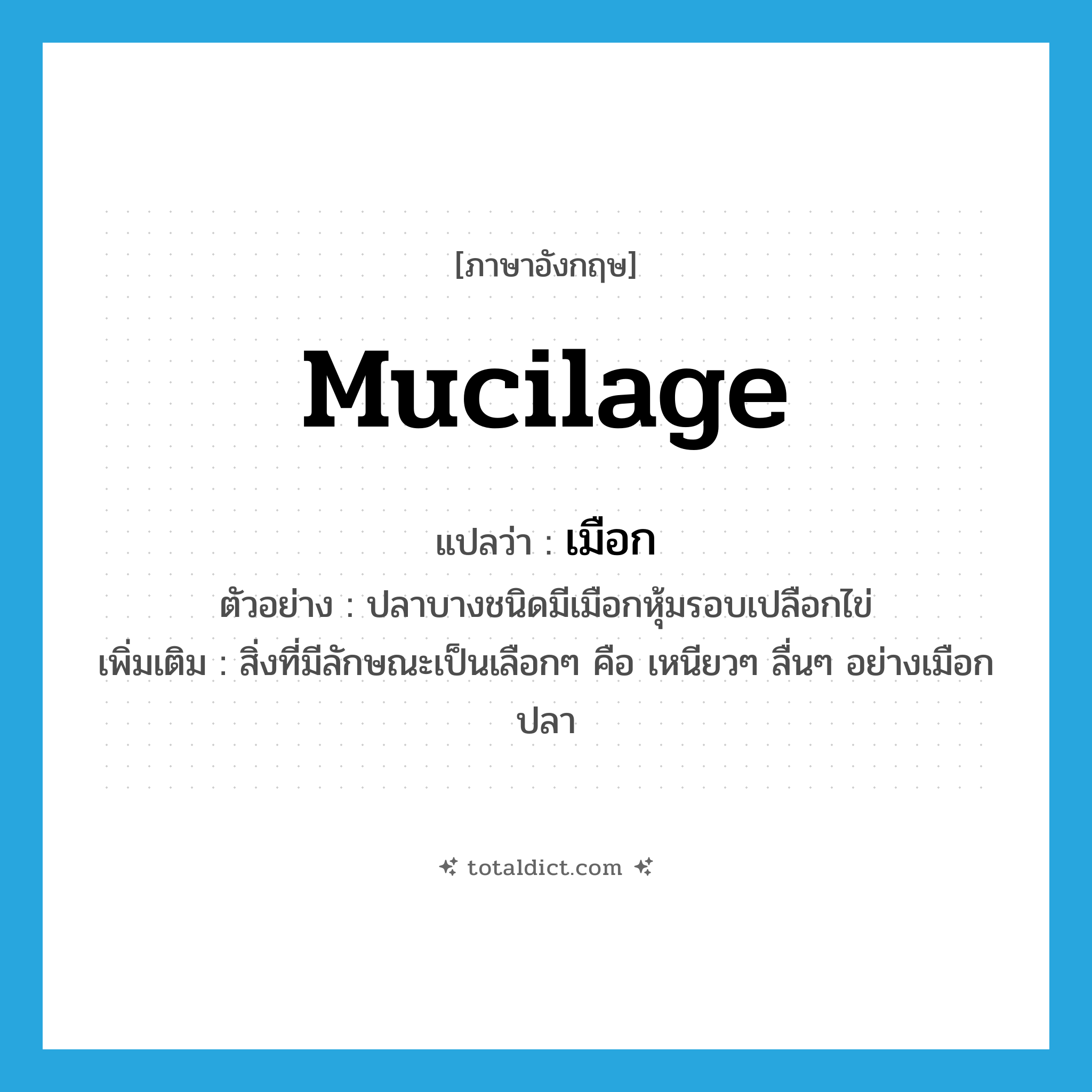 mucilage แปลว่า?, คำศัพท์ภาษาอังกฤษ mucilage แปลว่า เมือก ประเภท N ตัวอย่าง ปลาบางชนิดมีเมือกหุ้มรอบเปลือกไข่ เพิ่มเติม สิ่งที่มีลักษณะเป็นเลือกๆ คือ เหนียวๆ ลื่นๆ อย่างเมือกปลา หมวด N