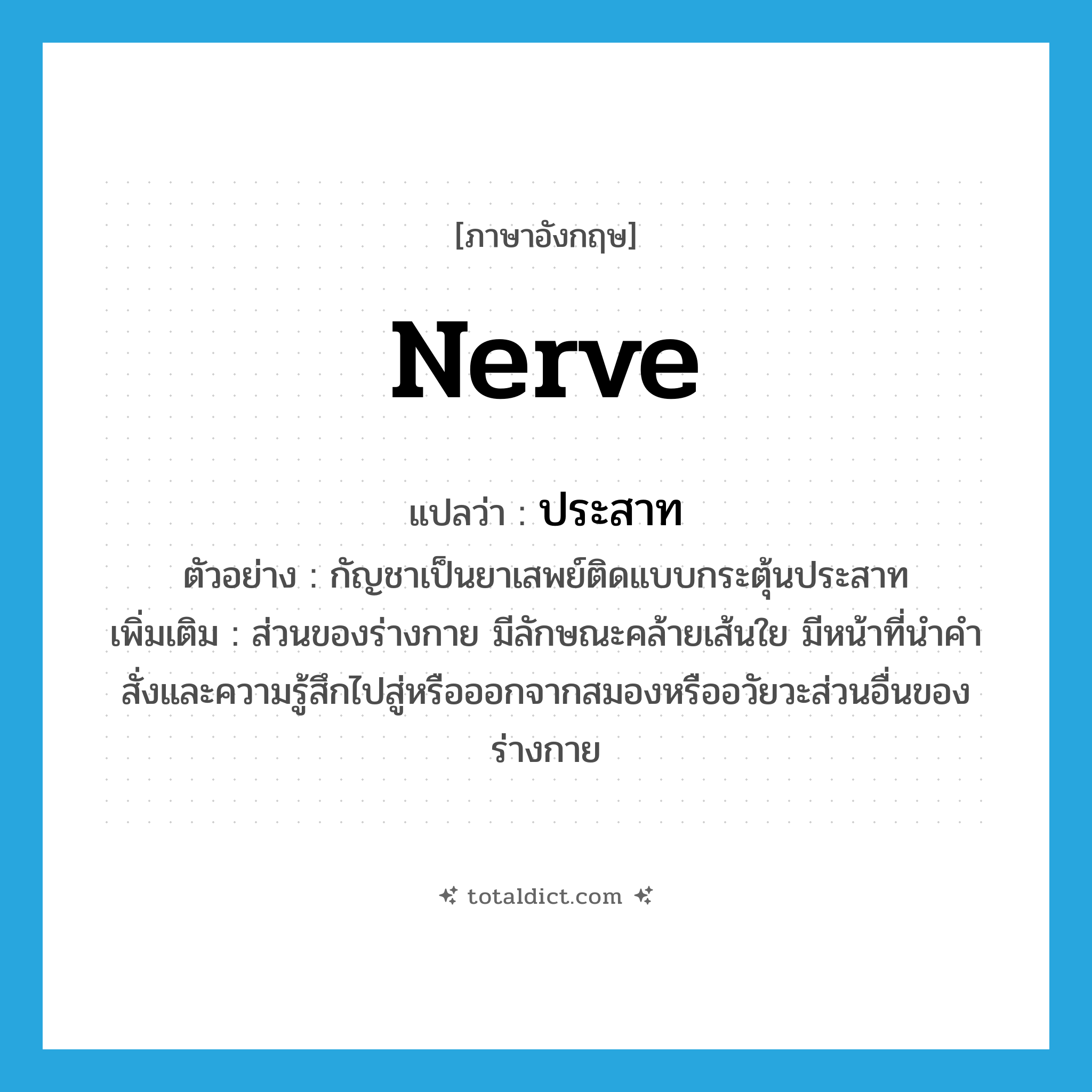 nerve แปลว่า?, คำศัพท์ภาษาอังกฤษ nerve แปลว่า ประสาท ประเภท N ตัวอย่าง กัญชาเป็นยาเสพย์ติดแบบกระตุ้นประสาท เพิ่มเติม ส่วนของร่างกาย มีลักษณะคล้ายเส้นใย มีหน้าที่นำคำสั่งและความรู้สึกไปสู่หรือออกจากสมองหรืออวัยวะส่วนอื่นของร่างกาย หมวด N