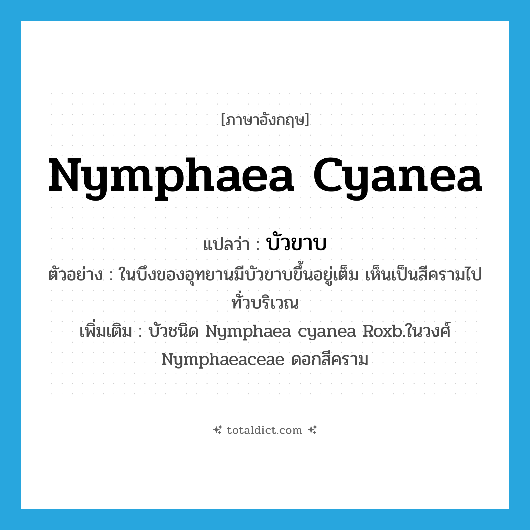 Nymphaea cyanea แปลว่า?, คำศัพท์ภาษาอังกฤษ Nymphaea cyanea แปลว่า บัวขาบ ประเภท N ตัวอย่าง ในบึงของอุทยานมีบัวขาบขึ้นอยู่เต็ม เห็นเป็นสีครามไปทั่วบริเวณ เพิ่มเติม บัวชนิด Nymphaea cyanea Roxb.ในวงศ์ Nymphaeaceae ดอกสีคราม หมวด N