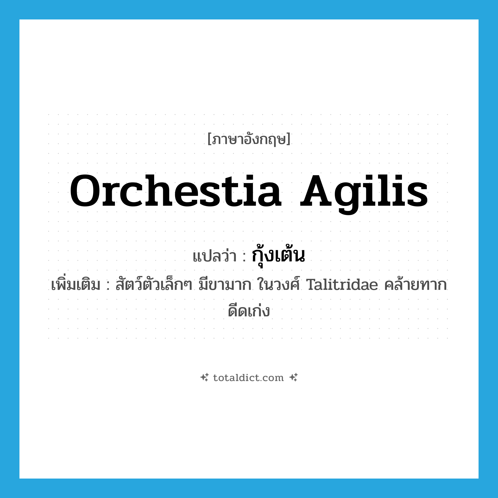 Orchestia agilis แปลว่า?, คำศัพท์ภาษาอังกฤษ Orchestia agilis แปลว่า กุ้งเต้น ประเภท N เพิ่มเติม สัตว์ตัวเล็กๆ มีขามาก ในวงศ์ Talitridae คล้ายทาก ดีดเก่ง หมวด N