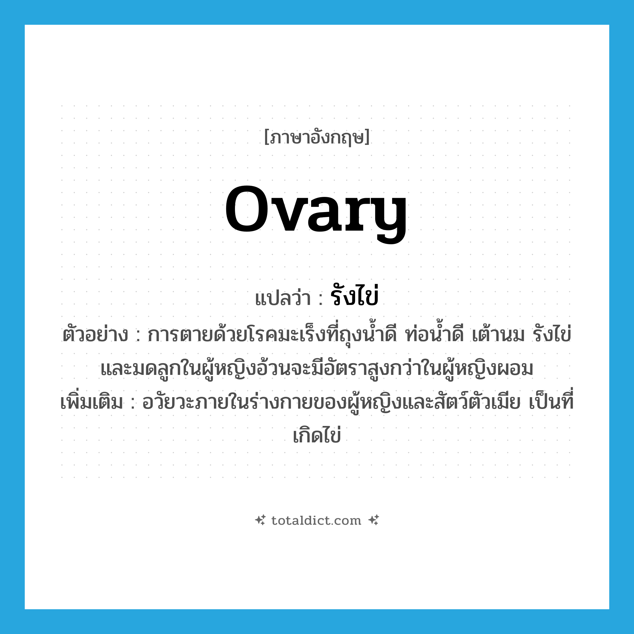 ovary แปลว่า?, คำศัพท์ภาษาอังกฤษ ovary แปลว่า รังไข่ ประเภท N ตัวอย่าง การตายด้วยโรคมะเร็งที่ถุงน้ำดี ท่อน้ำดี เต้านม รังไข่ และมดลูกในผู้หญิงอ้วนจะมีอัตราสูงกว่าในผู้หญิงผอม เพิ่มเติม อวัยวะภายในร่างกายของผู้หญิงและสัตว์ตัวเมีย เป็นที่เกิดไข่ หมวด N