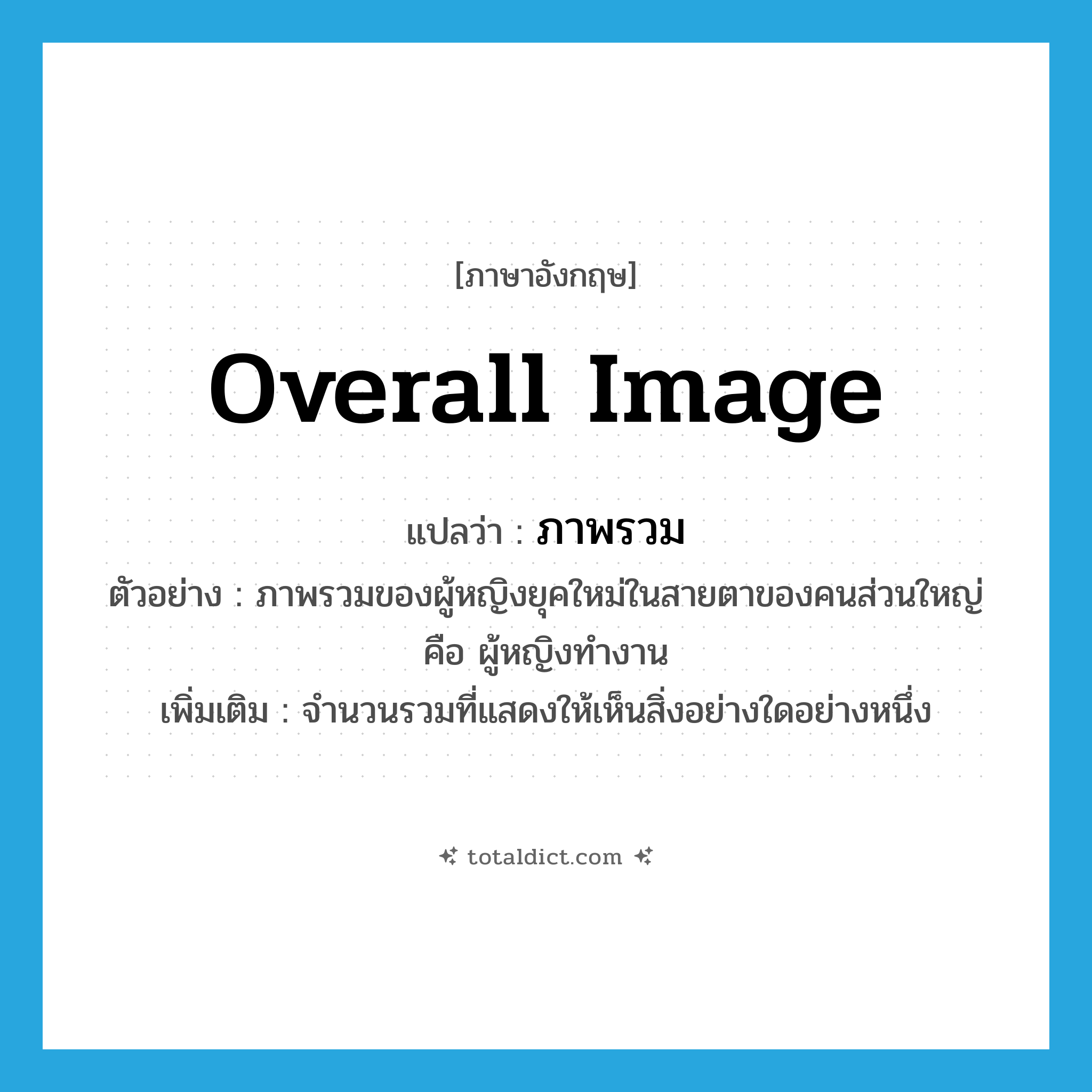 overall image แปลว่า?, คำศัพท์ภาษาอังกฤษ overall image แปลว่า ภาพรวม ประเภท N ตัวอย่าง ภาพรวมของผู้หญิงยุคใหม่ในสายตาของคนส่วนใหญ่ คือ ผู้หญิงทำงาน เพิ่มเติม จำนวนรวมที่แสดงให้เห็นสิ่งอย่างใดอย่างหนึ่ง หมวด N