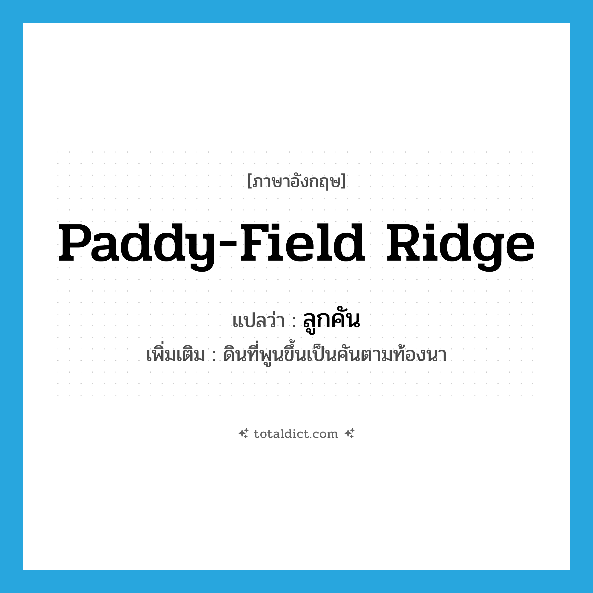 paddy-field ridge แปลว่า?, คำศัพท์ภาษาอังกฤษ paddy-field ridge แปลว่า ลูกคัน ประเภท N เพิ่มเติม ดินที่พูนขึ้นเป็นคันตามท้องนา หมวด N