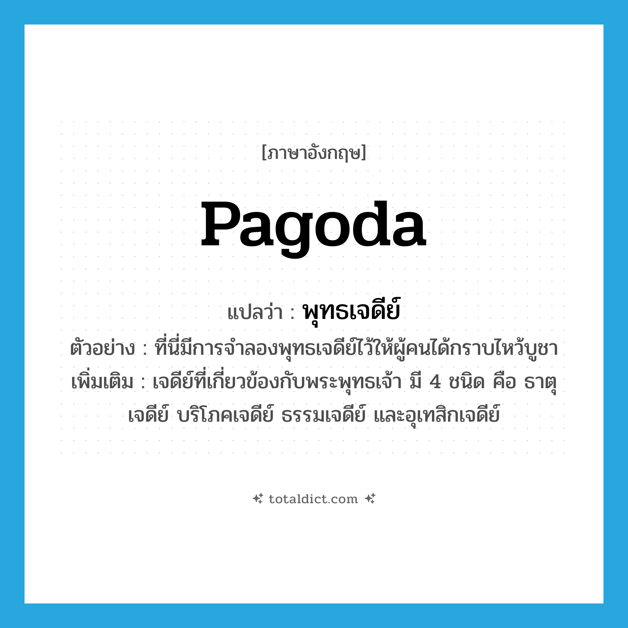 pagoda แปลว่า?, คำศัพท์ภาษาอังกฤษ pagoda แปลว่า พุทธเจดีย์ ประเภท N ตัวอย่าง ที่นี่มีการจำลองพุทธเจดีย์ไว้ให้ผู้คนได้กราบไหว้บูชา เพิ่มเติม เจดีย์ที่เกี่ยวข้องกับพระพุทธเจ้า มี 4 ชนิด คือ ธาตุเจดีย์ บริโภคเจดีย์ ธรรมเจดีย์ และอุเทสิกเจดีย์ หมวด N