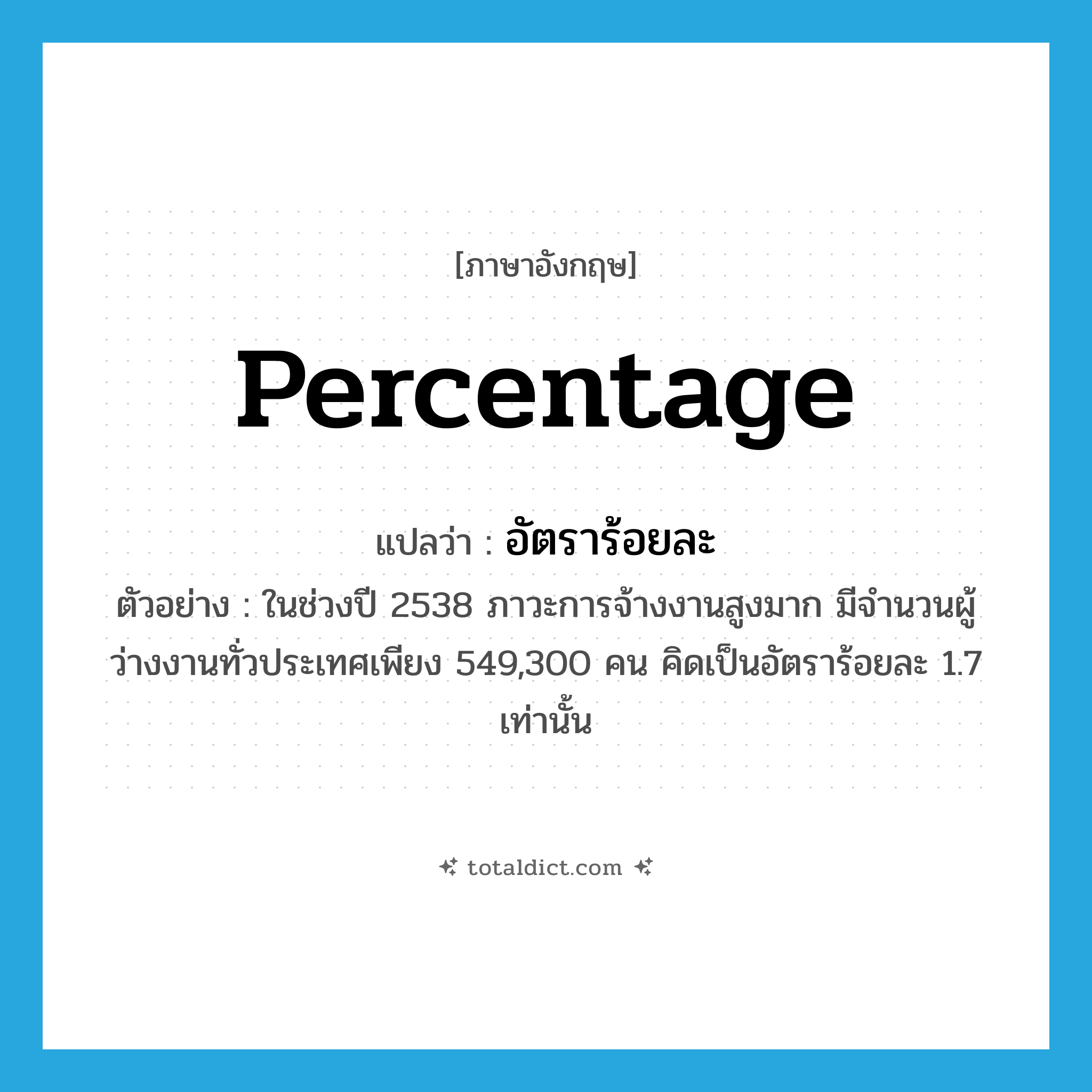 percentage แปลว่า?, คำศัพท์ภาษาอังกฤษ percentage แปลว่า อัตราร้อยละ ประเภท N ตัวอย่าง ในช่วงปี 2538 ภาวะการจ้างงานสูงมาก มีจำนวนผู้ว่างงานทั่วประเทศเพียง 549,300 คน คิดเป็นอัตราร้อยละ 1.7 เท่านั้น หมวด N