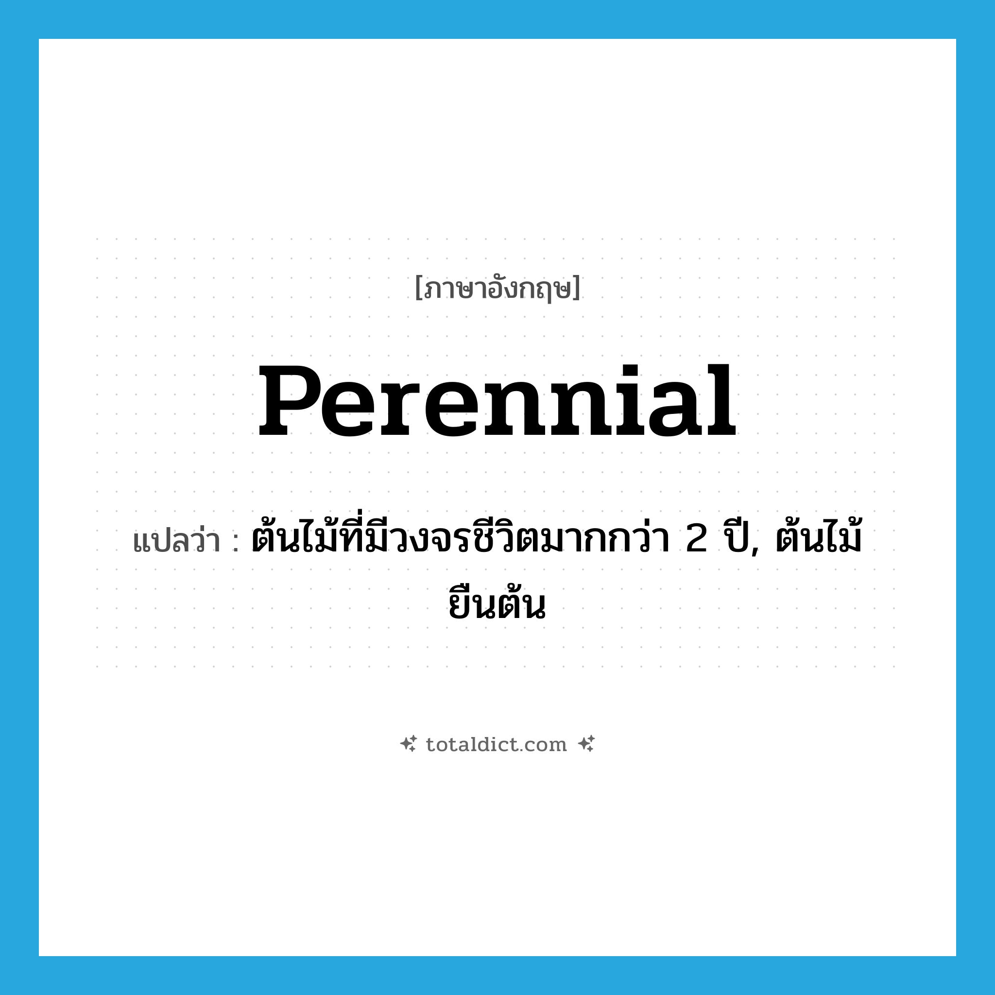 perennial แปลว่า?, คำศัพท์ภาษาอังกฤษ perennial แปลว่า ต้นไม้ที่มีวงจรชีวิตมากกว่า 2 ปี, ต้นไม้ยืนต้น ประเภท N หมวด N