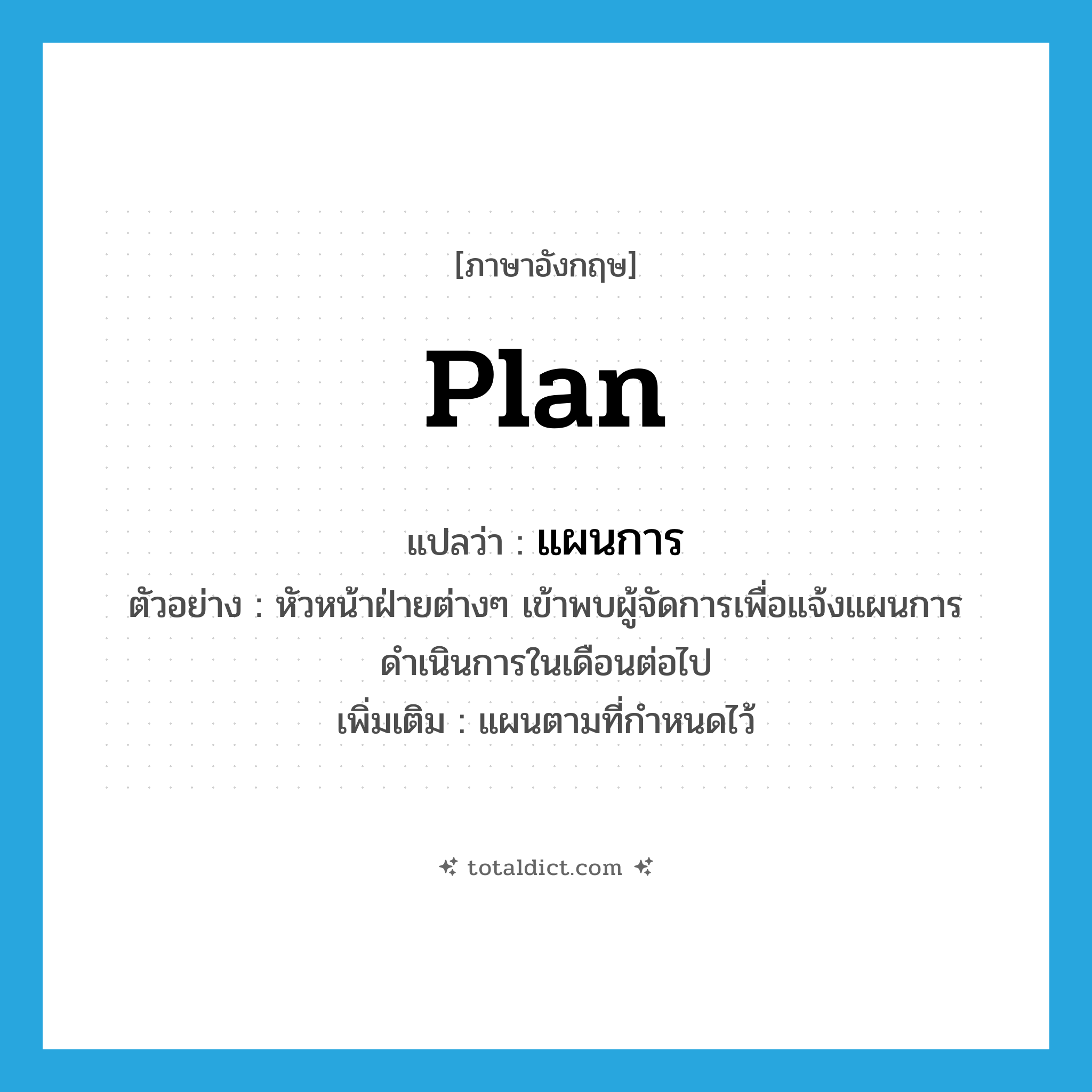 plan แปลว่า?, คำศัพท์ภาษาอังกฤษ plan แปลว่า แผนการ ประเภท N ตัวอย่าง หัวหน้าฝ่ายต่างๆ เข้าพบผู้จัดการเพื่อแจ้งแผนการดำเนินการในเดือนต่อไป เพิ่มเติม แผนตามที่กำหนดไว้ หมวด N