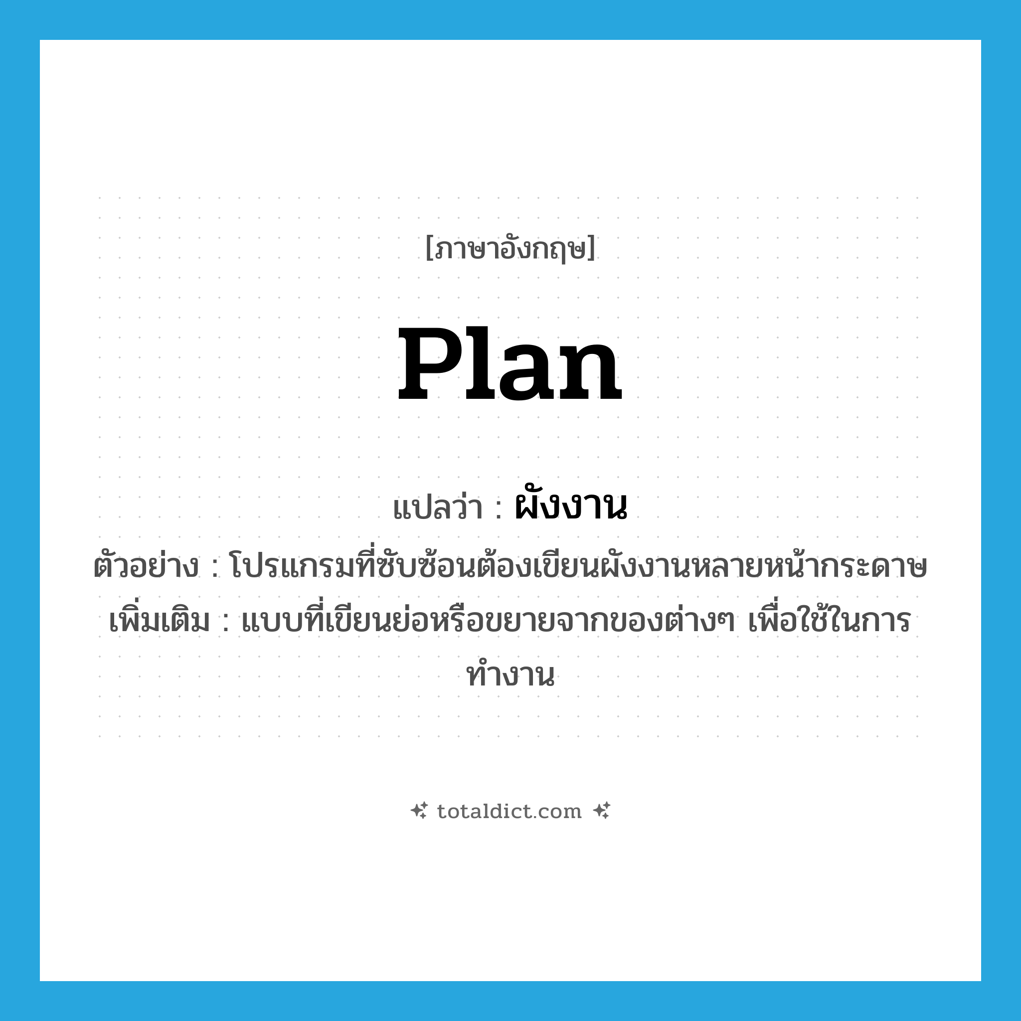 plan แปลว่า?, คำศัพท์ภาษาอังกฤษ plan แปลว่า ผังงาน ประเภท N ตัวอย่าง โปรแกรมที่ซับซ้อนต้องเขียนผังงานหลายหน้ากระดาษ เพิ่มเติม แบบที่เขียนย่อหรือขยายจากของต่างๆ เพื่อใช้ในการทำงาน หมวด N