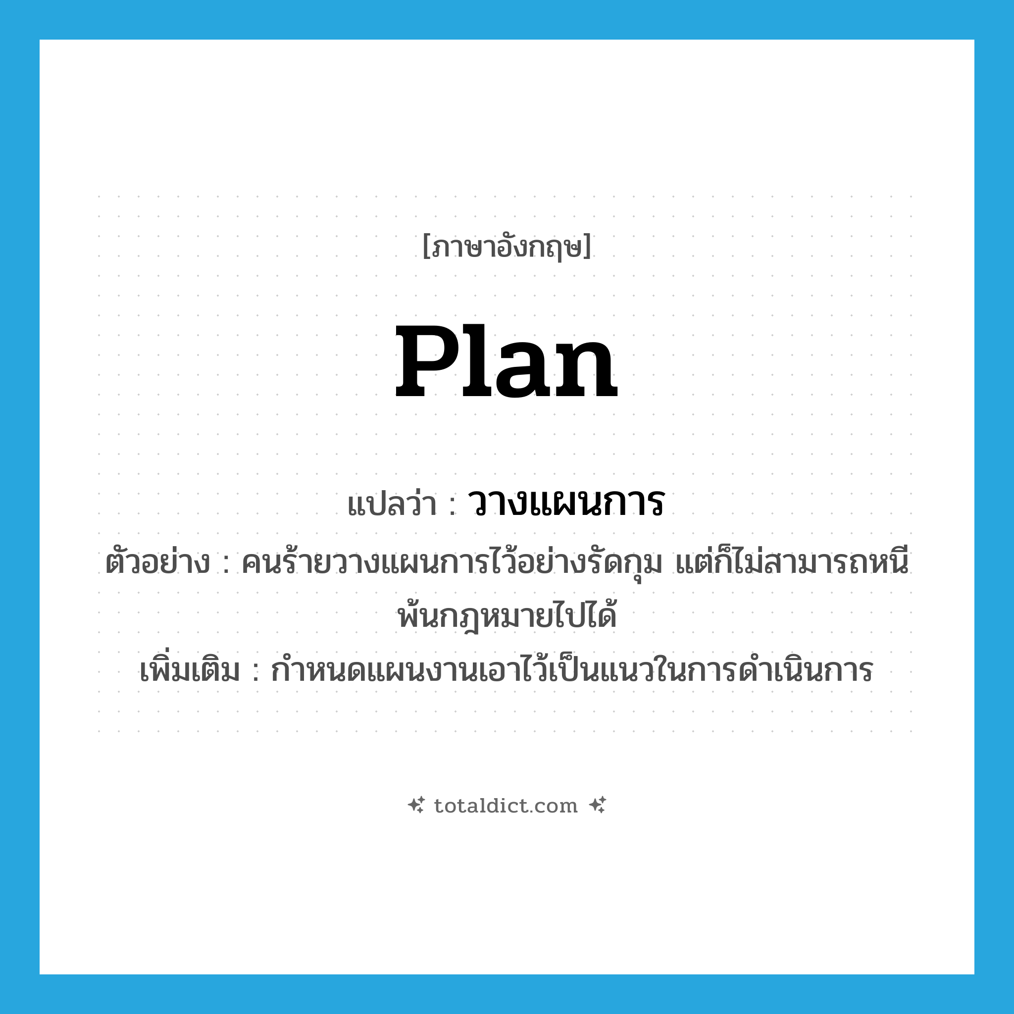 plan แปลว่า?, คำศัพท์ภาษาอังกฤษ plan แปลว่า วางแผนการ ประเภท V ตัวอย่าง คนร้ายวางแผนการไว้อย่างรัดกุม แต่ก็ไม่สามารถหนีพ้นกฎหมายไปได้ เพิ่มเติม กำหนดแผนงานเอาไว้เป็นแนวในการดำเนินการ หมวด V