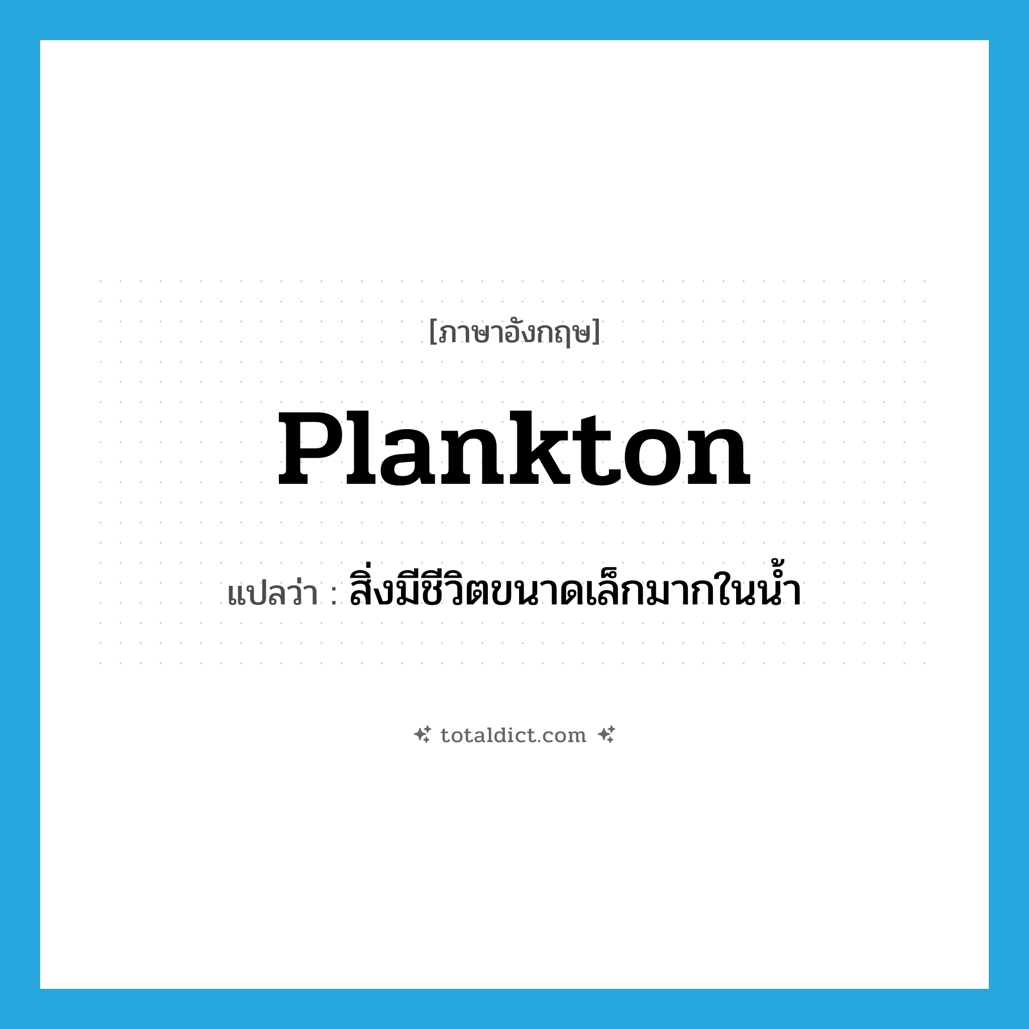 plankton แปลว่า?, คำศัพท์ภาษาอังกฤษ plankton แปลว่า สิ่งมีชีวิตขนาดเล็กมากในน้ำ ประเภท N หมวด N