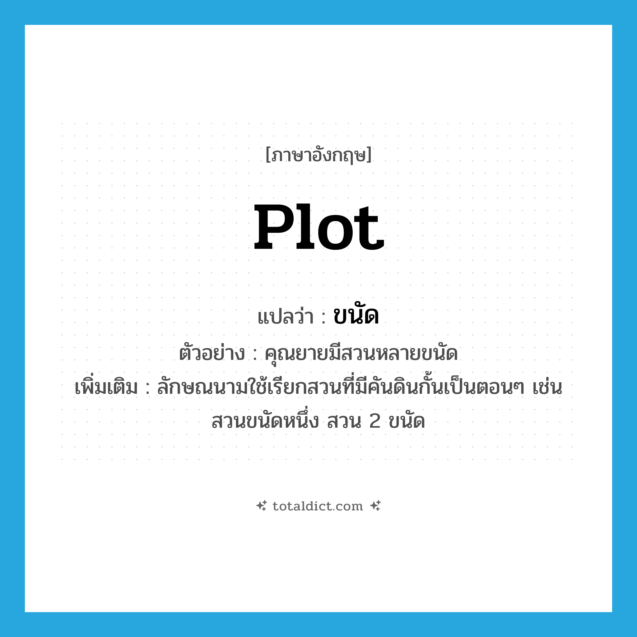 plot แปลว่า?, คำศัพท์ภาษาอังกฤษ plot แปลว่า ขนัด ประเภท CLAS ตัวอย่าง คุณยายมีสวนหลายขนัด เพิ่มเติม ลักษณนามใช้เรียกสวนที่มีคันดินกั้นเป็นตอนๆ เช่น สวนขนัดหนึ่ง สวน 2 ขนัด หมวด CLAS