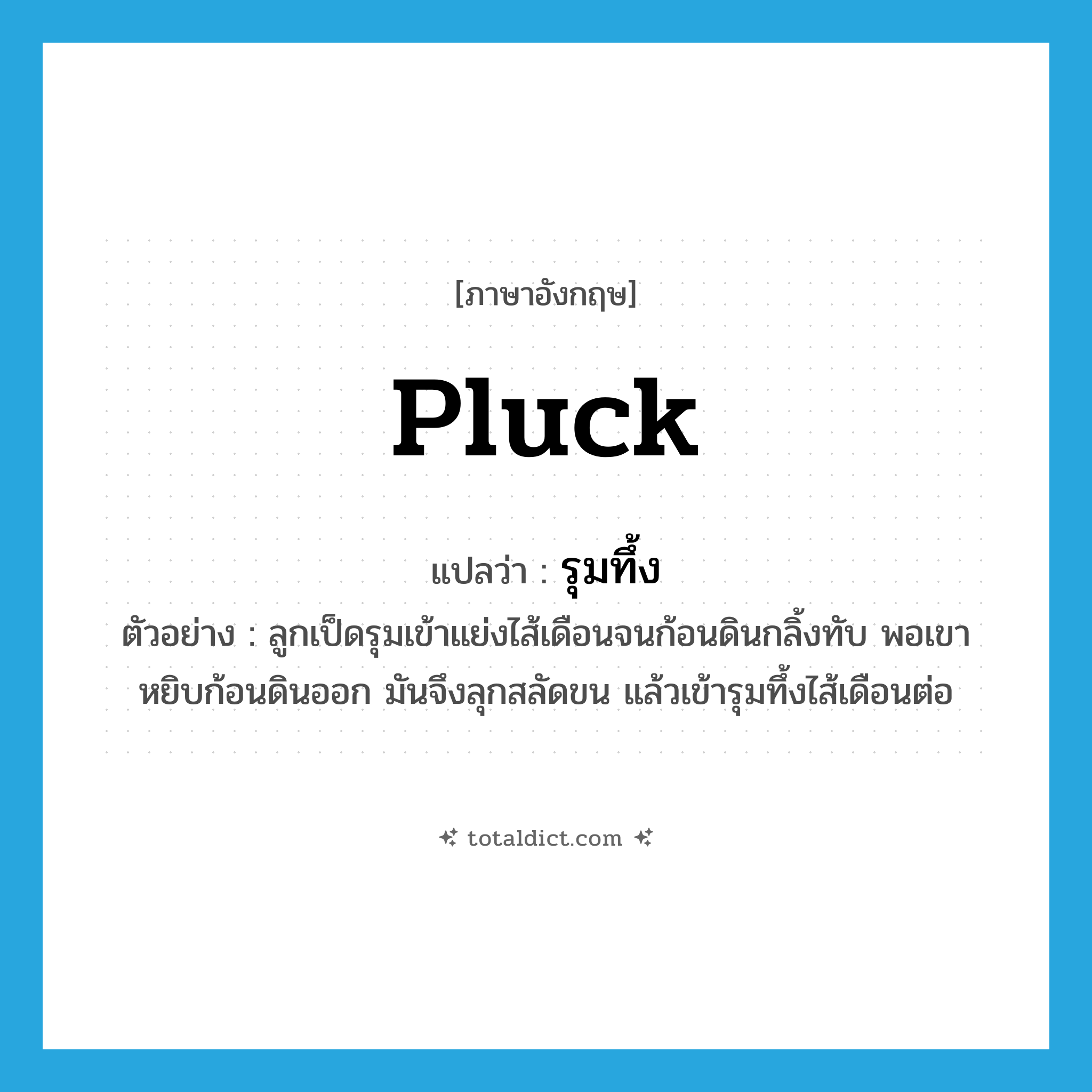 pluck แปลว่า?, คำศัพท์ภาษาอังกฤษ pluck แปลว่า รุมทึ้ง ประเภท V ตัวอย่าง ลูกเป็ดรุมเข้าแย่งไส้เดือนจนก้อนดินกลิ้งทับ พอเขาหยิบก้อนดินออก มันจึงลุกสลัดขน แล้วเข้ารุมทึ้งไส้เดือนต่อ หมวด V