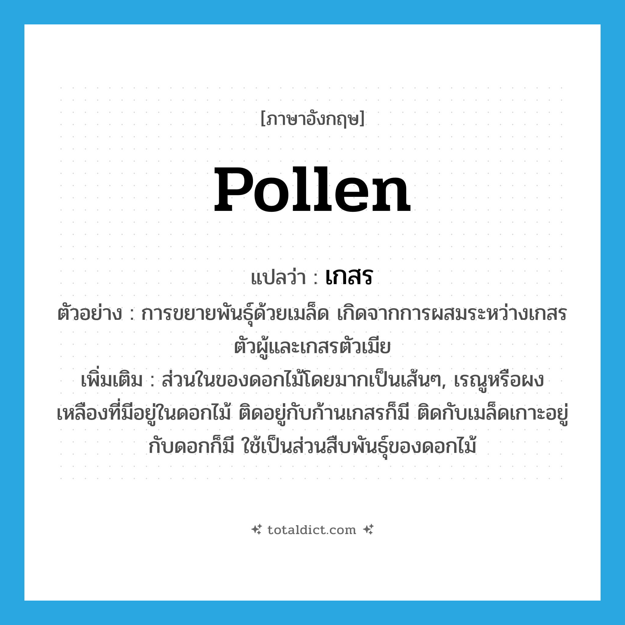 pollen แปลว่า?, คำศัพท์ภาษาอังกฤษ pollen แปลว่า เกสร ประเภท N ตัวอย่าง การขยายพันธุ์ด้วยเมล็ด เกิดจากการผสมระหว่างเกสรตัวผู้และเกสรตัวเมีย เพิ่มเติม ส่วนในของดอกไม้โดยมากเป็นเส้นๆ, เรณูหรือผงเหลืองที่มีอยู่ในดอกไม้ ติดอยู่กับก้านเกสรก็มี ติดกับเมล็ดเกาะอยู่กับดอกก็มี ใช้เป็นส่วนสืบพันธุ์ของดอกไม้ หมวด N