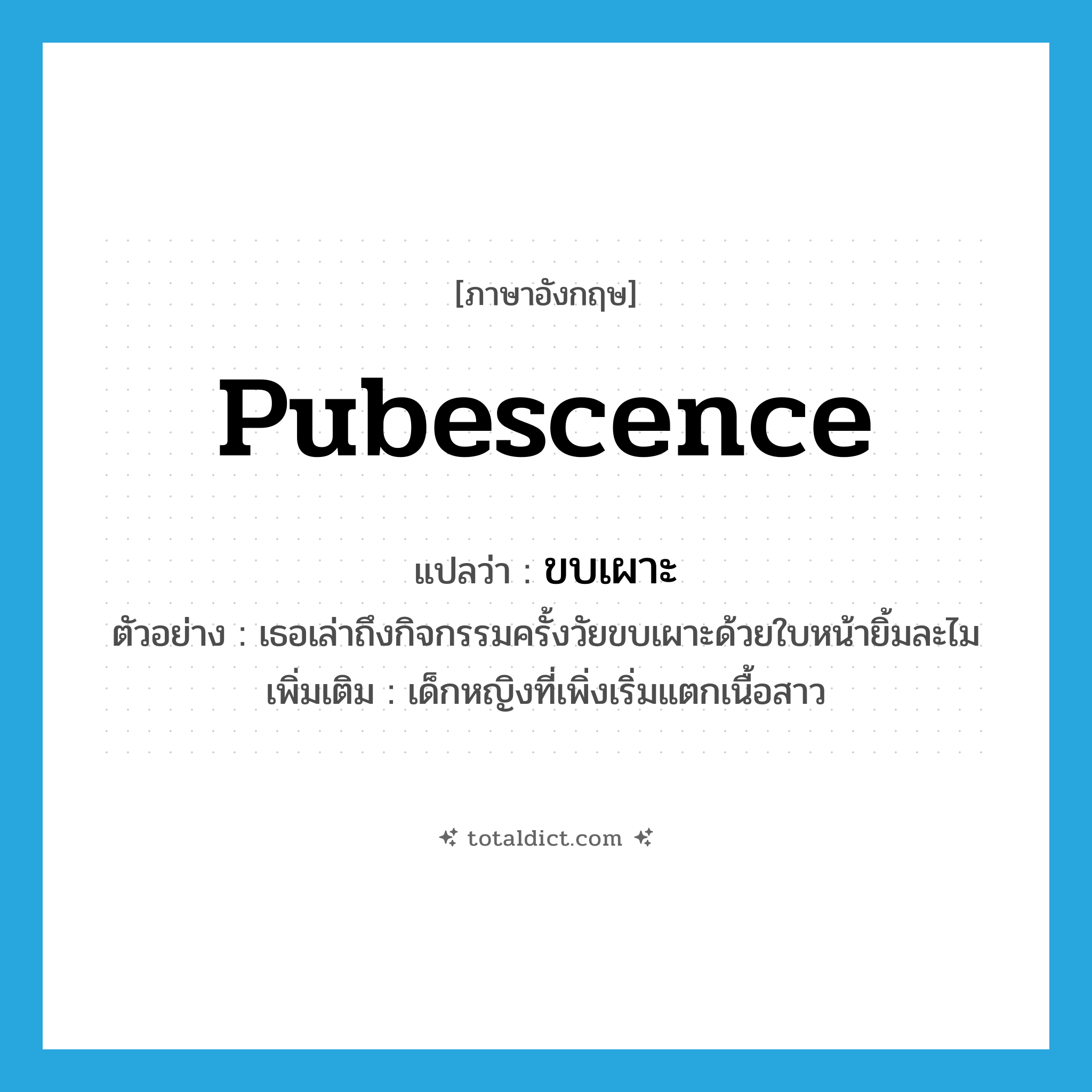 pubescence แปลว่า?, คำศัพท์ภาษาอังกฤษ pubescence แปลว่า ขบเผาะ ประเภท N ตัวอย่าง เธอเล่าถึงกิจกรรมครั้งวัยขบเผาะด้วยใบหน้ายิ้มละไม เพิ่มเติม เด็กหญิงที่เพิ่งเริ่มแตกเนื้อสาว หมวด N