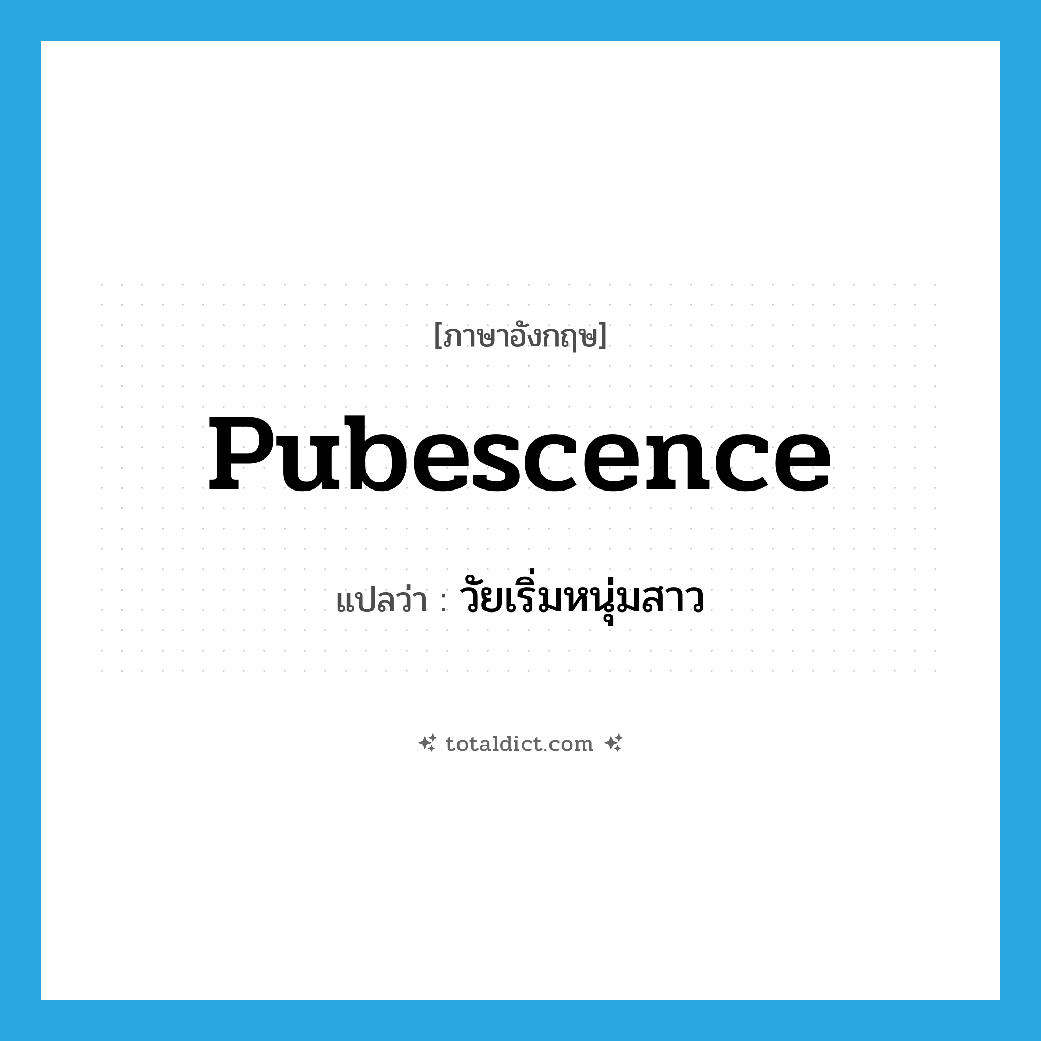 pubescence แปลว่า?, คำศัพท์ภาษาอังกฤษ pubescence แปลว่า วัยเริ่มหนุ่มสาว ประเภท N หมวด N