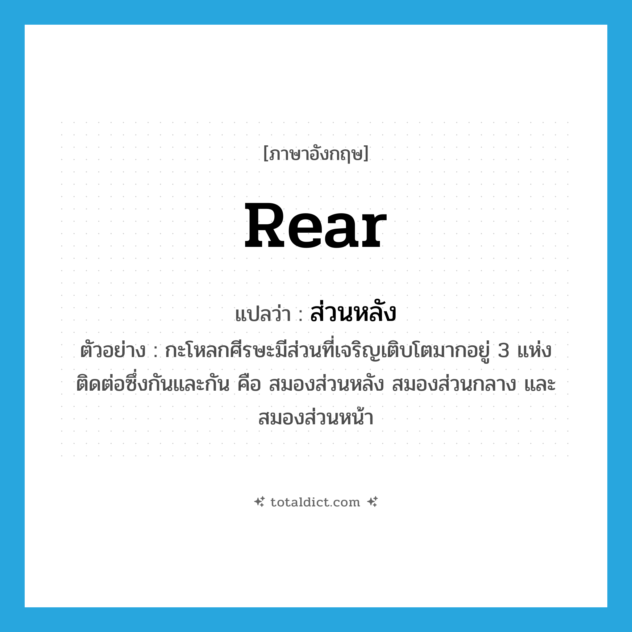 rear แปลว่า?, คำศัพท์ภาษาอังกฤษ rear แปลว่า ส่วนหลัง ประเภท ADJ ตัวอย่าง กะโหลกศีรษะมีส่วนที่เจริญเติบโตมากอยู่ 3 แห่ง ติดต่อซึ่งกันและกัน คือ สมองส่วนหลัง สมองส่วนกลาง และสมองส่วนหน้า หมวด ADJ