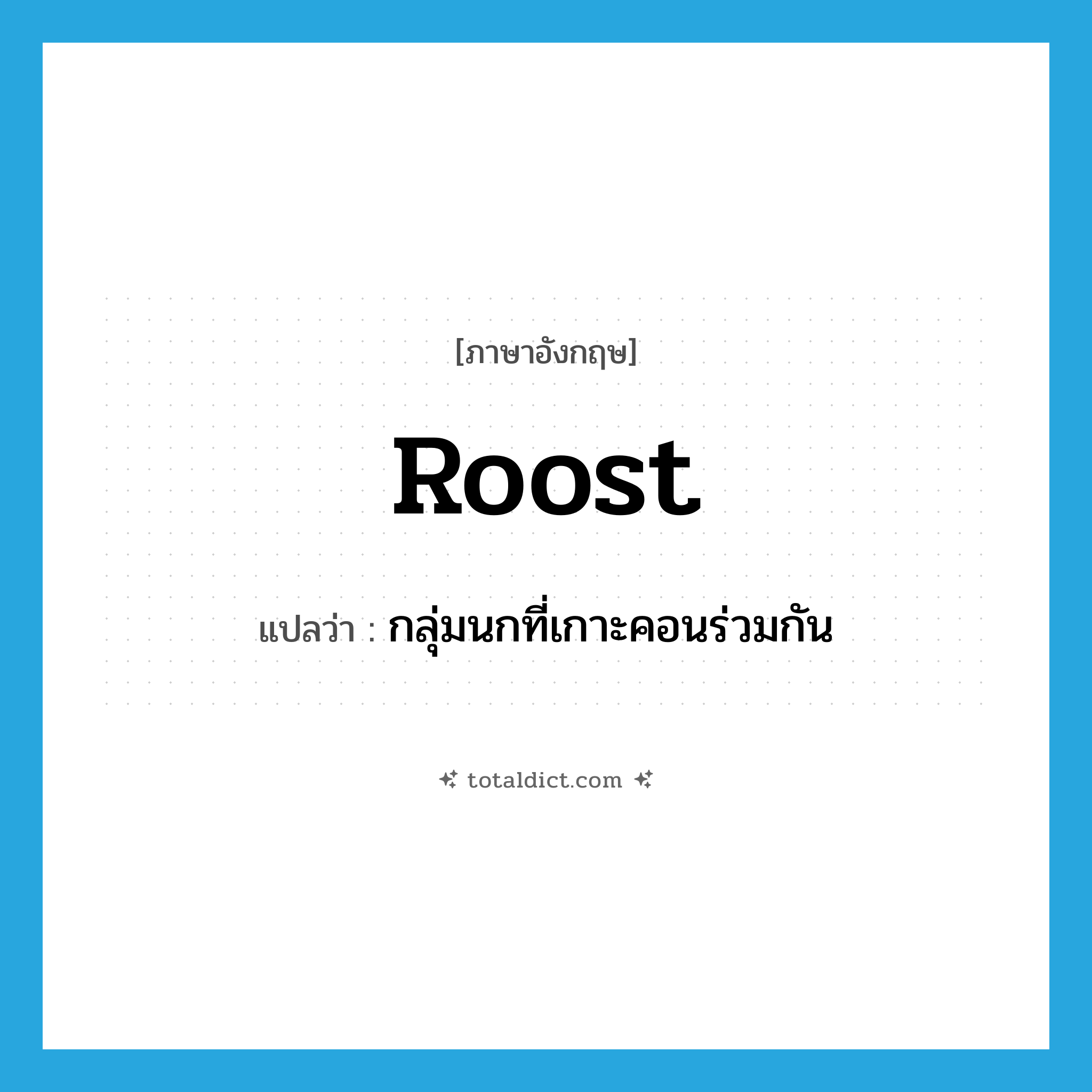 roost แปลว่า?, คำศัพท์ภาษาอังกฤษ roost แปลว่า กลุ่มนกที่เกาะคอนร่วมกัน ประเภท N หมวด N