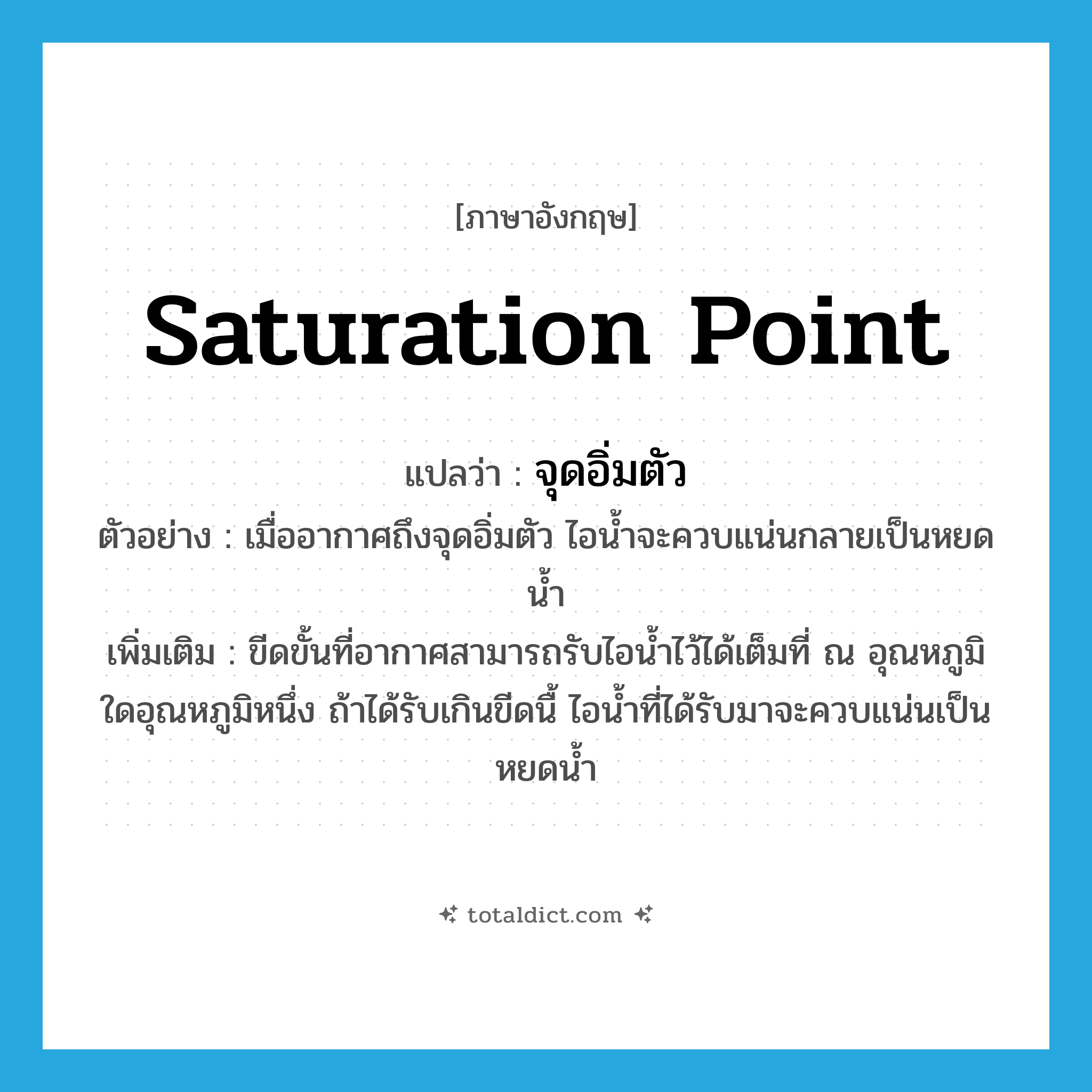 saturation point แปลว่า?, คำศัพท์ภาษาอังกฤษ saturation point แปลว่า จุดอิ่มตัว ประเภท N ตัวอย่าง เมื่ออากาศถึงจุดอิ่มตัว ไอน้ำจะควบแน่นกลายเป็นหยดน้ำ เพิ่มเติม ขีดขั้นที่อากาศสามารถรับไอน้ำไว้ได้เต็มที่ ณ อุณหภูมิใดอุณหภูมิหนึ่ง ถ้าได้รับเกินขีดนื้ ไอน้ำที่ได้รับมาจะควบแน่นเป็นหยดน้ำ หมวด N