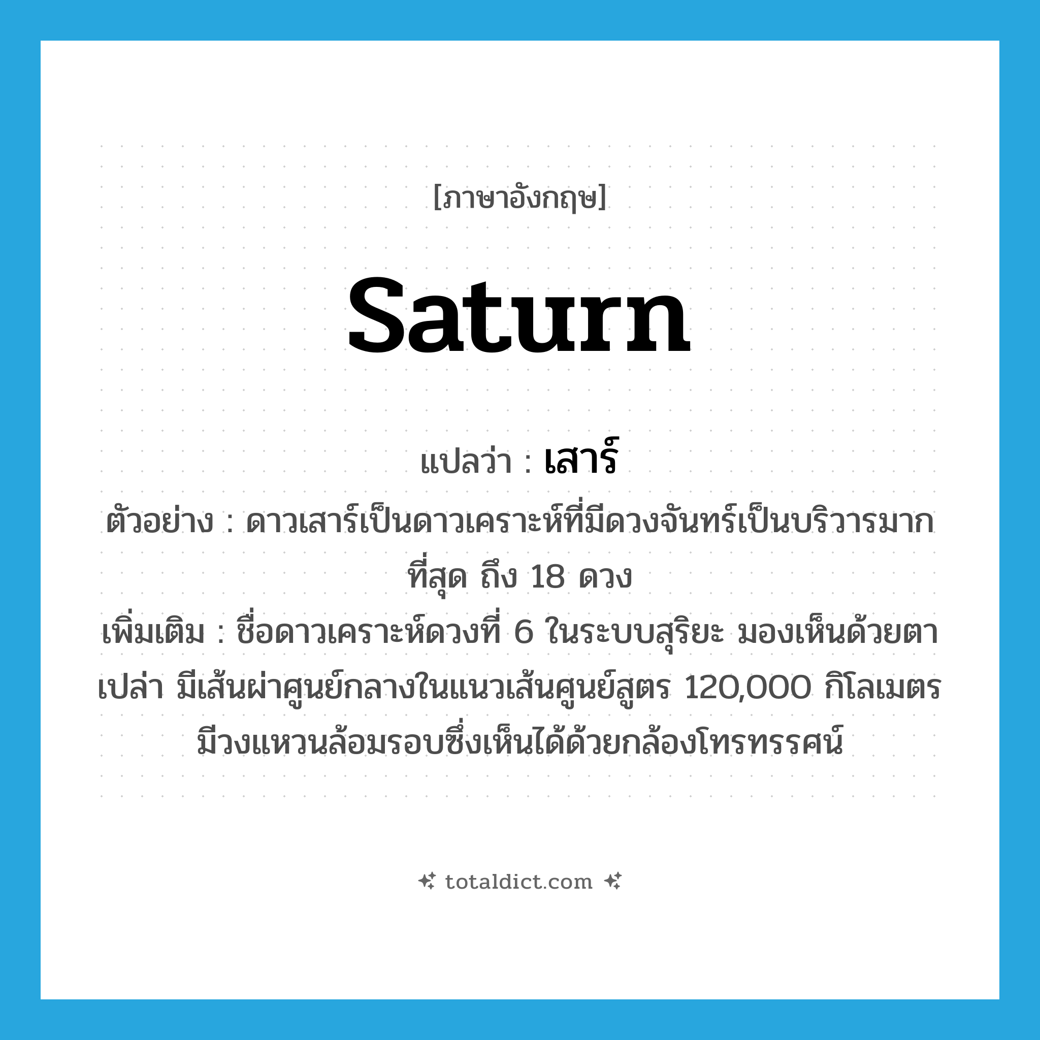 Saturn แปลว่า?, คำศัพท์ภาษาอังกฤษ Saturn แปลว่า เสาร์ ประเภท N ตัวอย่าง ดาวเสาร์เป็นดาวเคราะห์ที่มีดวงจันทร์เป็นบริวารมากที่สุด ถึง 18 ดวง เพิ่มเติม ชื่อดาวเคราะห์ดวงที่ 6 ในระบบสุริยะ มองเห็นด้วยตาเปล่า มีเส้นผ่าศูนย์กลางในแนวเส้นศูนย์สูตร 120,000 กิโลเมตร มีวงแหวนล้อมรอบซึ่งเห็นได้ด้วยกล้องโทรทรรศน์ หมวด N