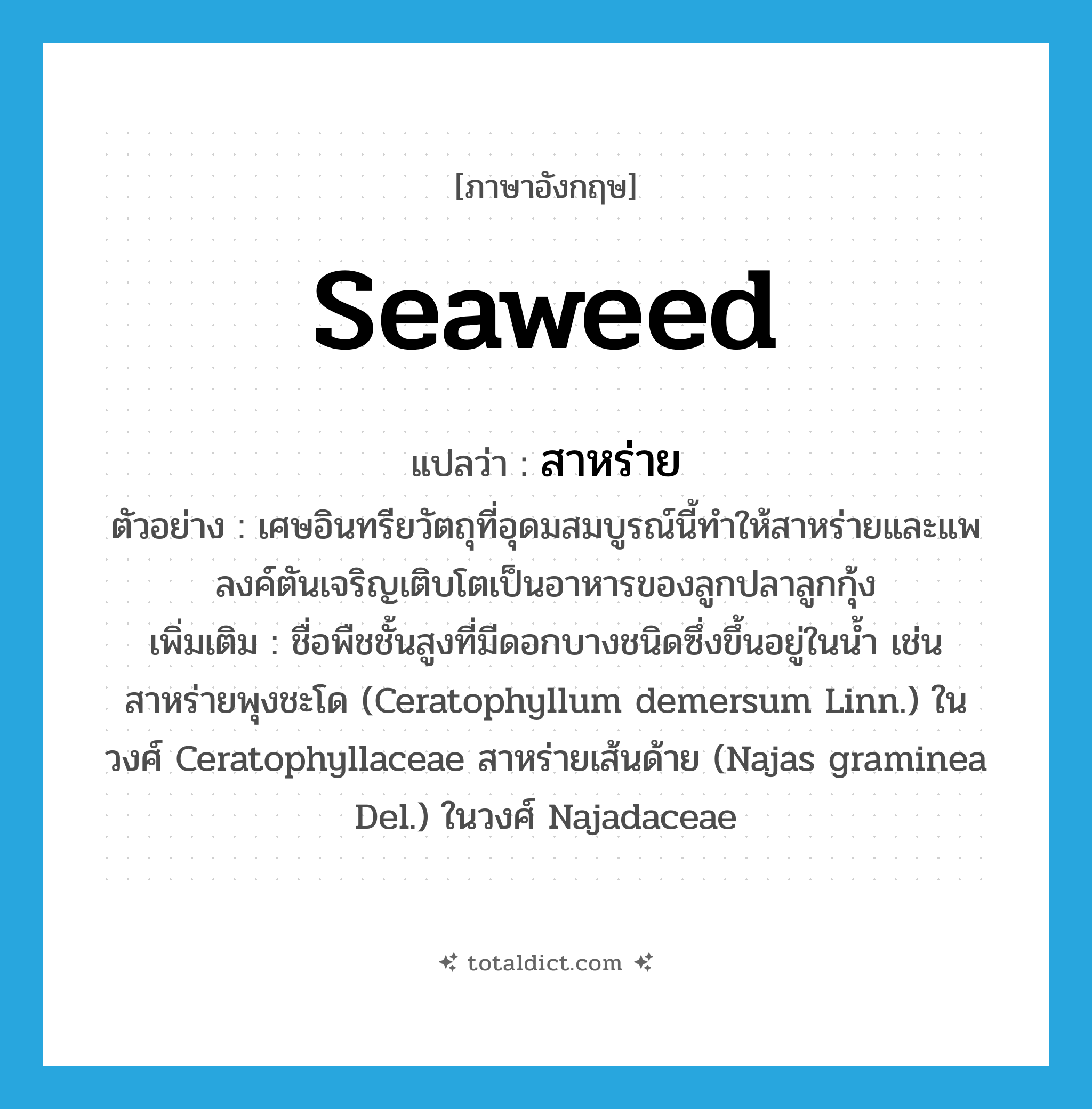 seaweed แปลว่า?, คำศัพท์ภาษาอังกฤษ seaweed แปลว่า สาหร่าย ประเภท N ตัวอย่าง เศษอินทรียวัตถุที่อุดมสมบูรณ์นี้ทำให้สาหร่ายและแพลงค์ตันเจริญเติบโตเป็นอาหารของลูกปลาลูกกุ้ง เพิ่มเติม ชื่อพืชชั้นสูงที่มีดอกบางชนิดซึ่งขึ้นอยู่ในน้ำ เช่น สาหร่ายพุงชะโด (Ceratophyllum demersum Linn.) ในวงศ์ Ceratophyllaceae สาหร่ายเส้นด้าย (Najas graminea Del.) ในวงศ์ Najadaceae หมวด N