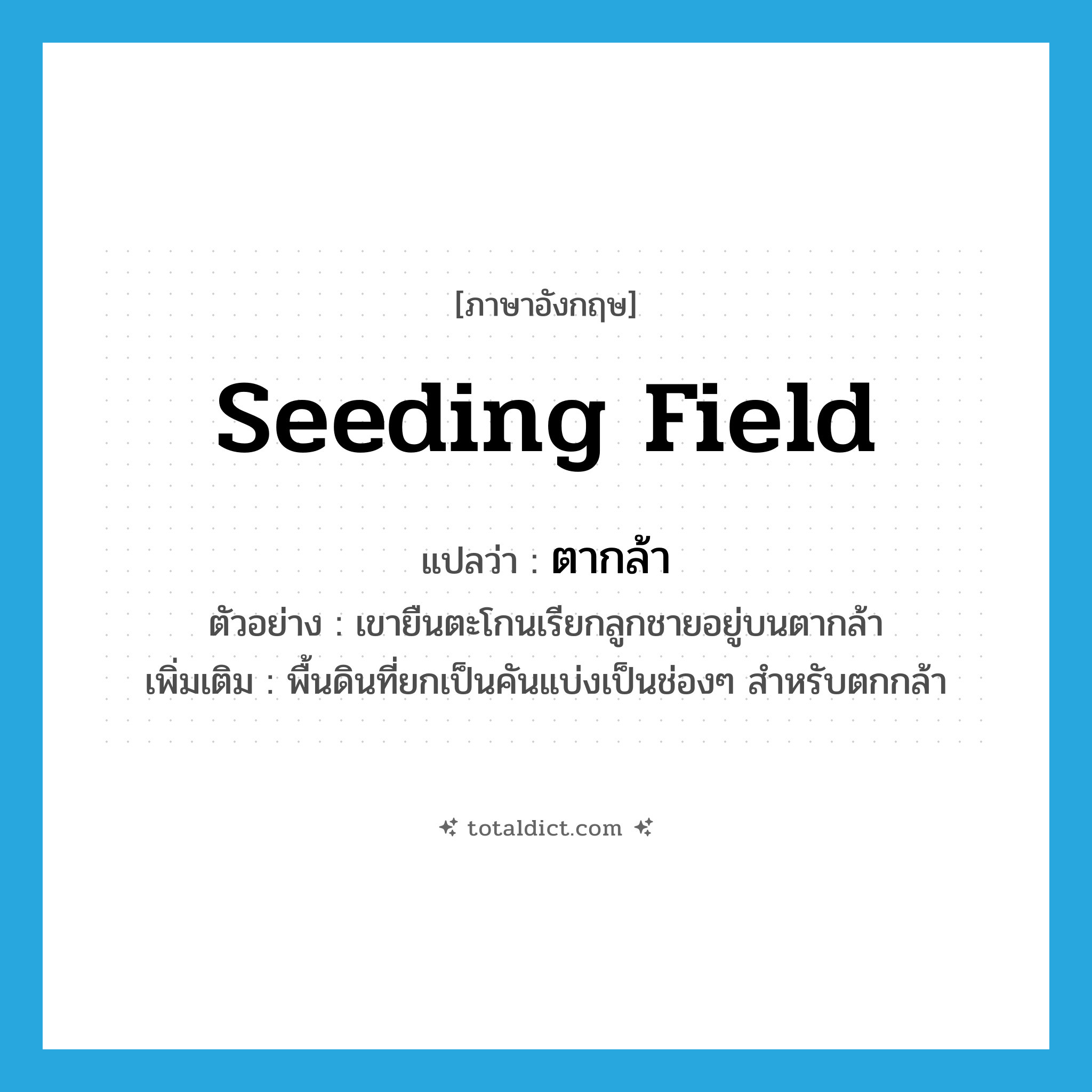 seeding field แปลว่า?, คำศัพท์ภาษาอังกฤษ seeding field แปลว่า ตากล้า ประเภท N ตัวอย่าง เขายืนตะโกนเรียกลูกชายอยู่บนตากล้า เพิ่มเติม พื้นดินที่ยกเป็นคันแบ่งเป็นช่องๆ สำหรับตกกล้า หมวด N