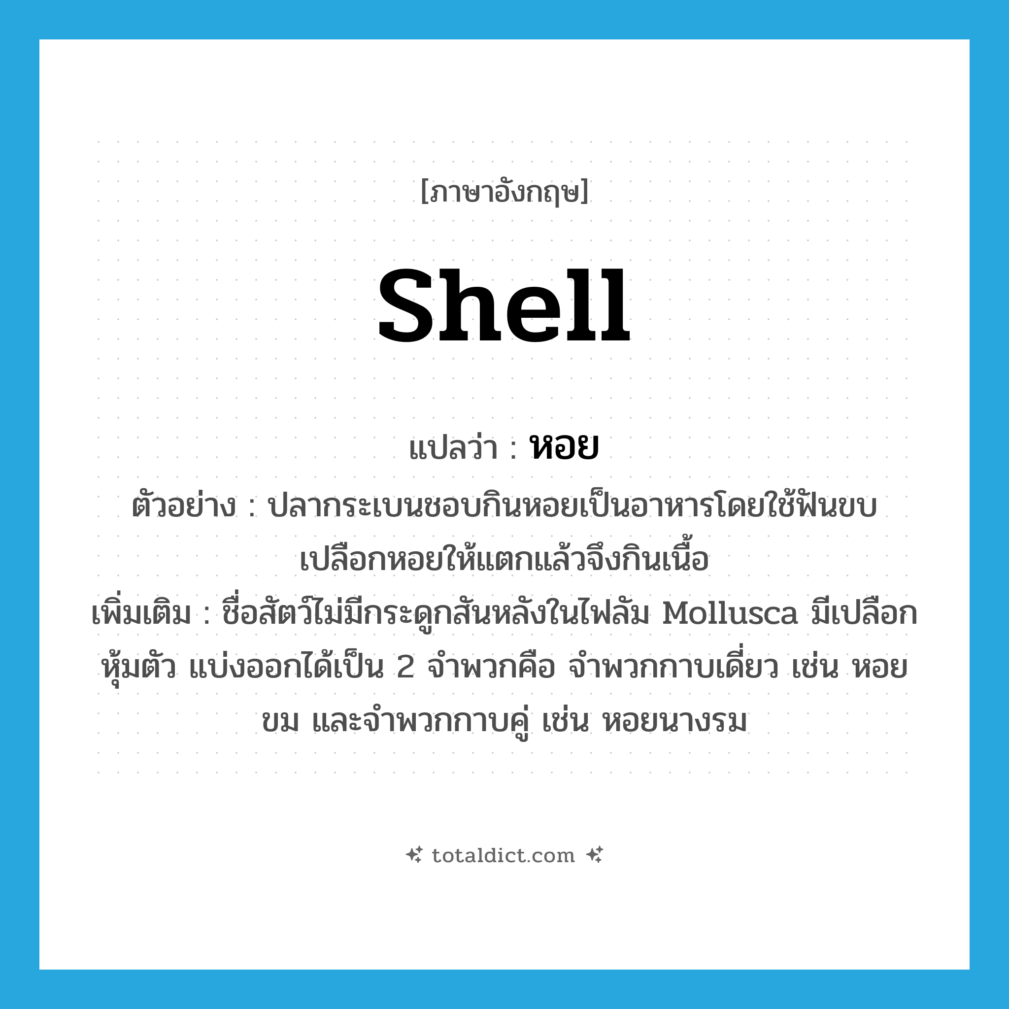 shell แปลว่า?, คำศัพท์ภาษาอังกฤษ shell แปลว่า หอย ประเภท N ตัวอย่าง ปลากระเบนชอบกินหอยเป็นอาหารโดยใช้ฟันขบเปลือกหอยให้แตกแล้วจึงกินเนื้อ เพิ่มเติม ชื่อสัตว์ไม่มีกระดูกสันหลังในไฟลัม Mollusca มีเปลือกหุ้มตัว แบ่งออกได้เป็น 2 จำพวกคือ จำพวกกาบเดี่ยว เช่น หอยขม และจำพวกกาบคู่ เช่น หอยนางรม หมวด N