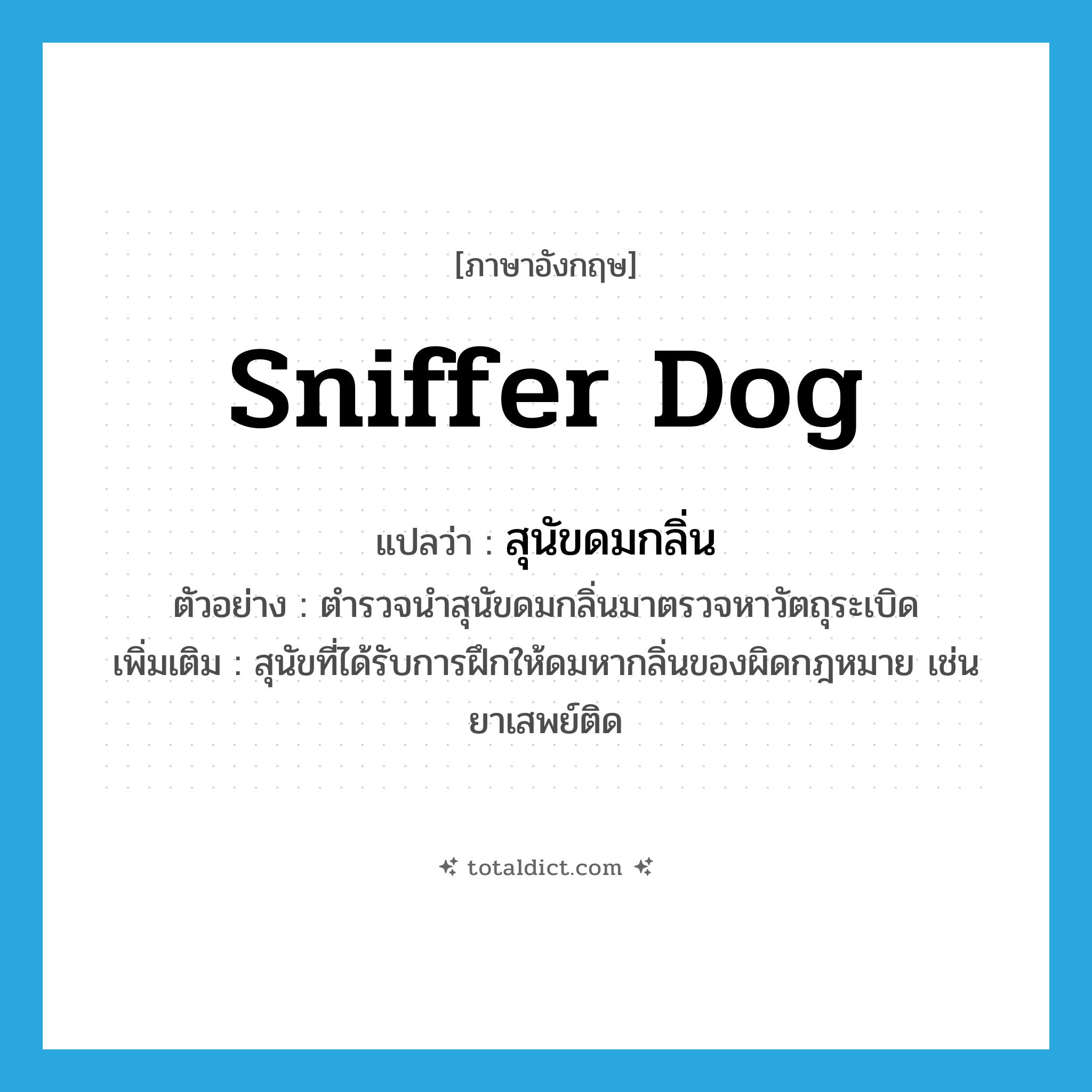 sniffer dog แปลว่า?, คำศัพท์ภาษาอังกฤษ sniffer dog แปลว่า สุนัขดมกลิ่น ประเภท N ตัวอย่าง ตำรวจนำสุนัขดมกลิ่นมาตรวจหาวัตถุระเบิด เพิ่มเติม สุนัขที่ได้รับการฝึกให้ดมหากลิ่นของผิดกฎหมาย เช่น ยาเสพย์ติด หมวด N