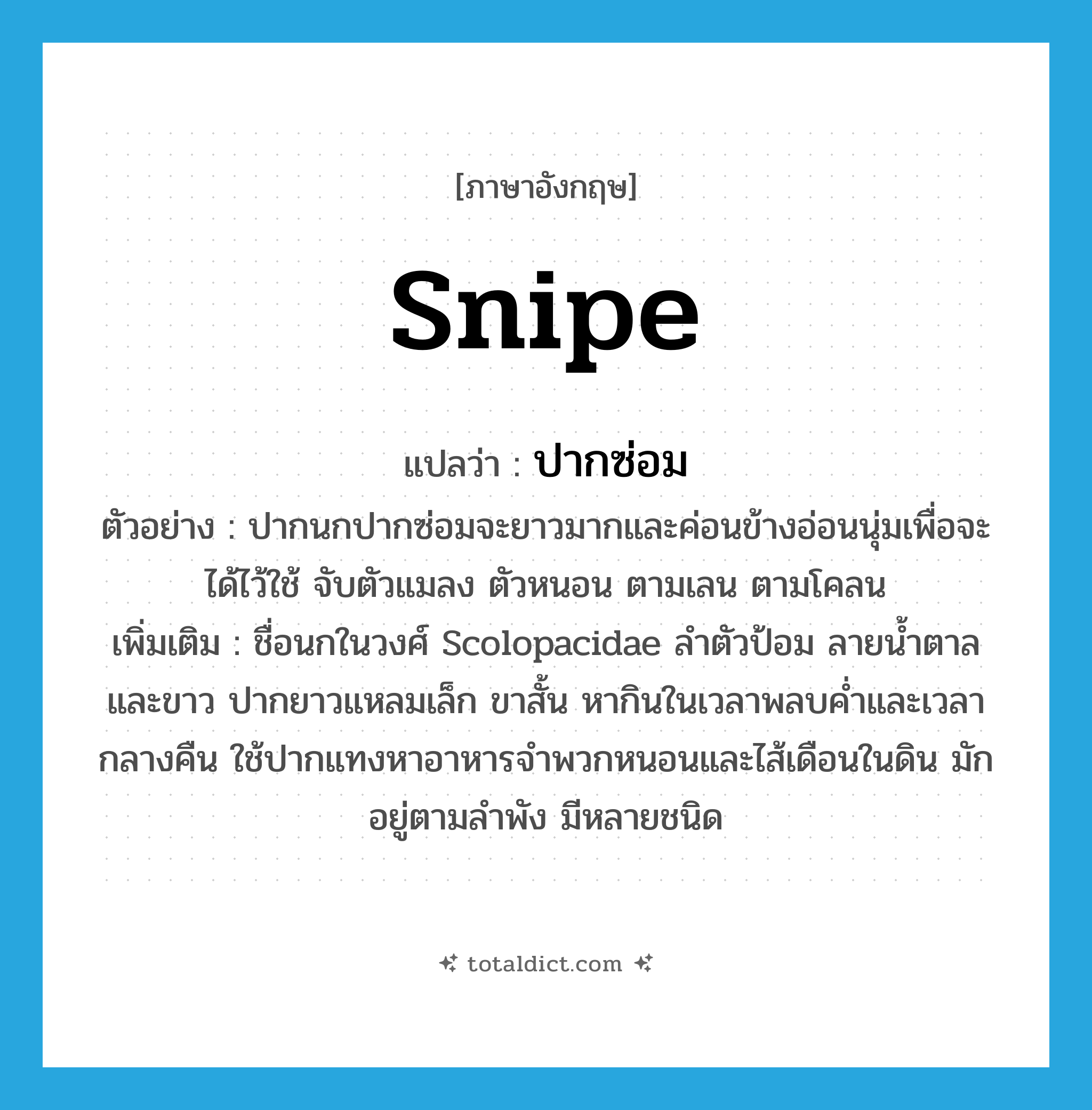 snipe แปลว่า?, คำศัพท์ภาษาอังกฤษ snipe แปลว่า ปากซ่อม ประเภท N ตัวอย่าง ปากนกปากซ่อมจะยาวมากและค่อนข้างอ่อนนุ่มเพื่อจะได้ไว้ใช้ จับตัวแมลง ตัวหนอน ตามเลน ตามโคลน เพิ่มเติม ชื่อนกในวงศ์ Scolopacidae ลำตัวป้อม ลายน้ำตาลและขาว ปากยาวแหลมเล็ก ขาสั้น หากินในเวลาพลบค่ำและเวลากลางคืน ใช้ปากแทงหาอาหารจำพวกหนอนและไส้เดือนในดิน มักอยู่ตามลำพัง มีหลายชนิด หมวด N