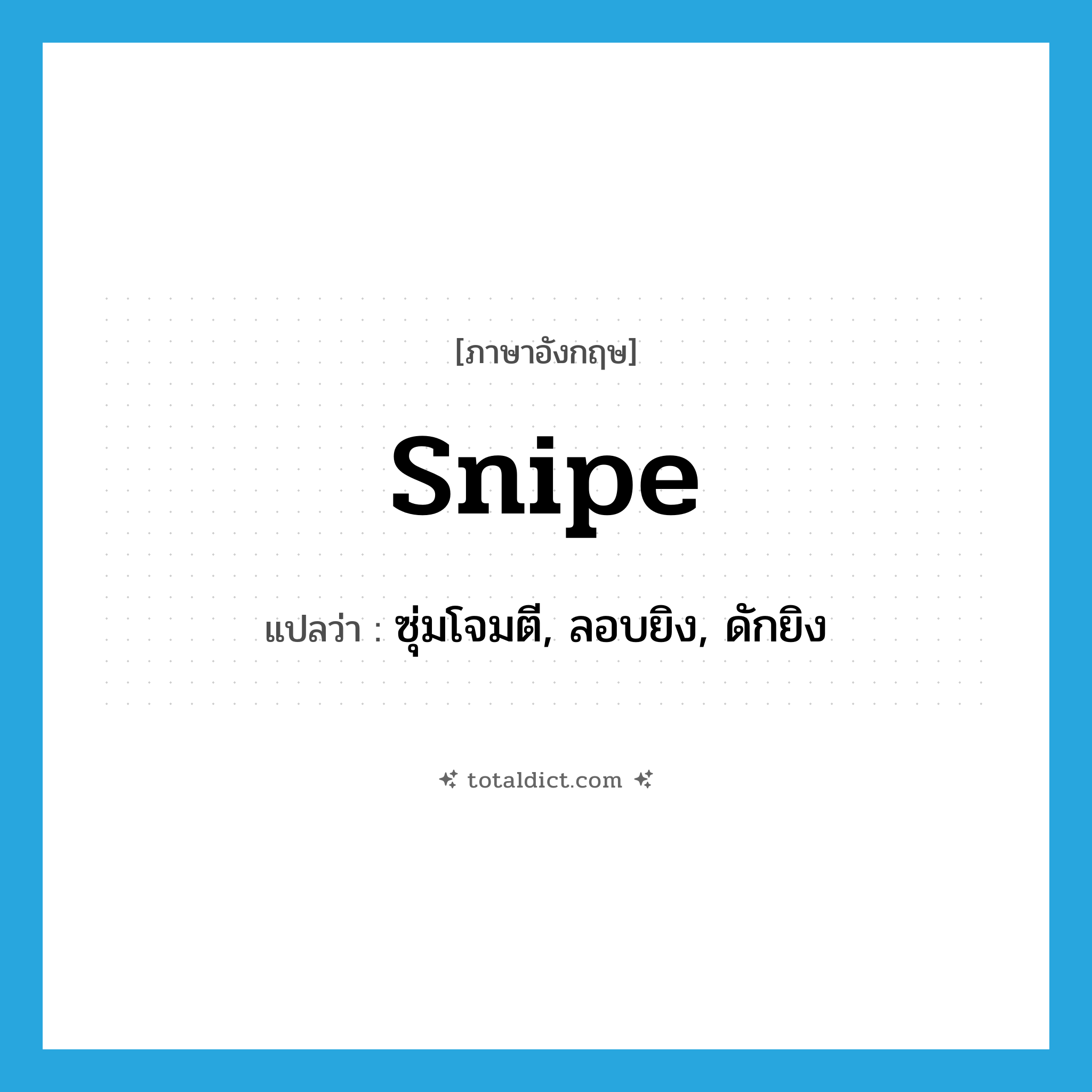 snipe แปลว่า?, คำศัพท์ภาษาอังกฤษ snipe แปลว่า ซุ่มโจมตี, ลอบยิง, ดักยิง ประเภท VT หมวด VT