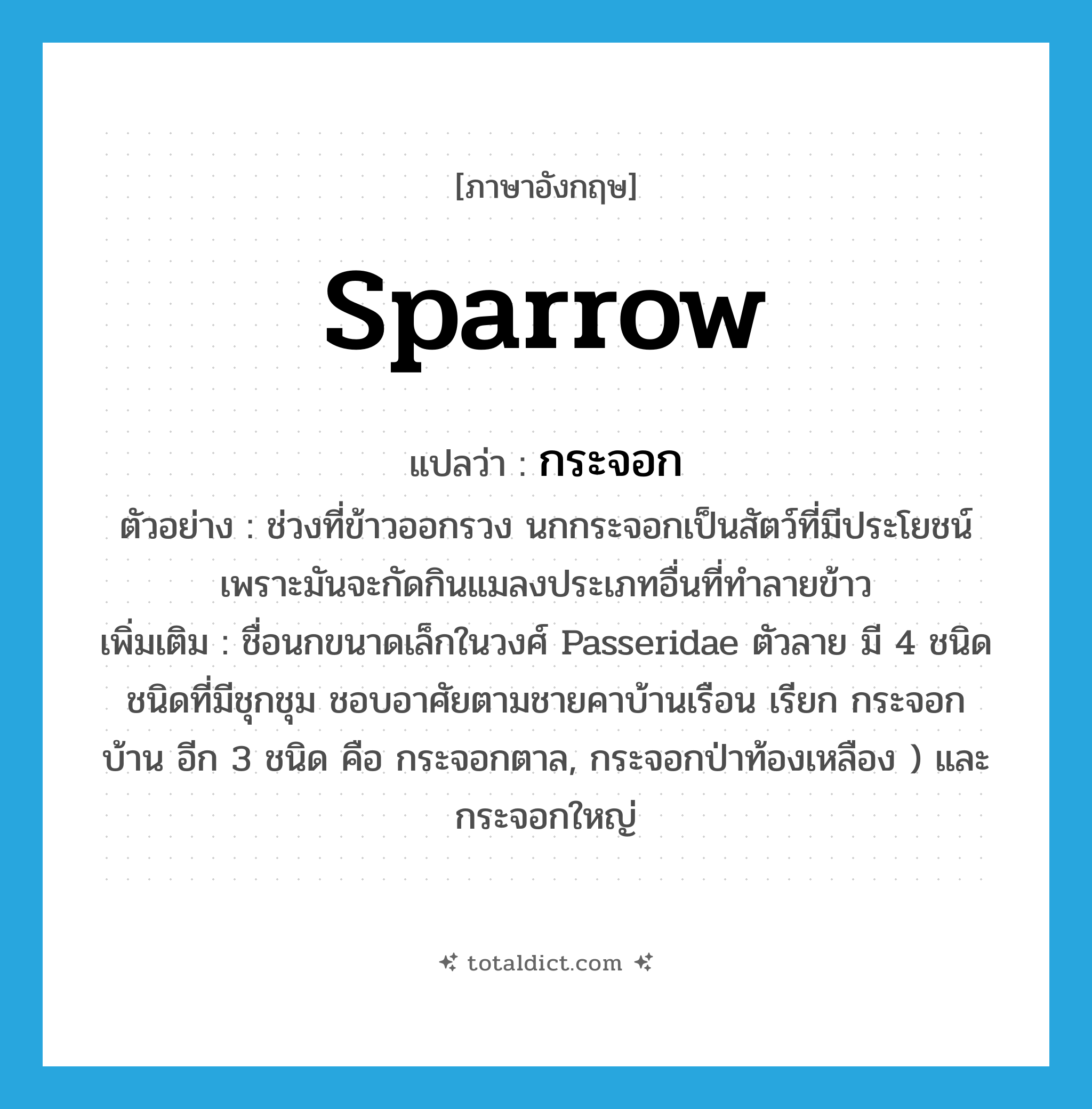 sparrow แปลว่า?, คำศัพท์ภาษาอังกฤษ sparrow แปลว่า กระจอก ประเภท N ตัวอย่าง ช่วงที่ข้าวออกรวง นกกระจอกเป็นสัตว์ที่มีประโยชน์ เพราะมันจะกัดกินแมลงประเภทอื่นที่ทำลายข้าว เพิ่มเติม ชื่อนกขนาดเล็กในวงศ์ Passeridae ตัวลาย มี 4 ชนิด ชนิดที่มีชุกชุม ชอบอาศัยตามชายคาบ้านเรือน เรียก กระจอกบ้าน อีก 3 ชนิด คือ กระจอกตาล, กระจอกป่าท้องเหลือง ) และกระจอกใหญ่ หมวด N