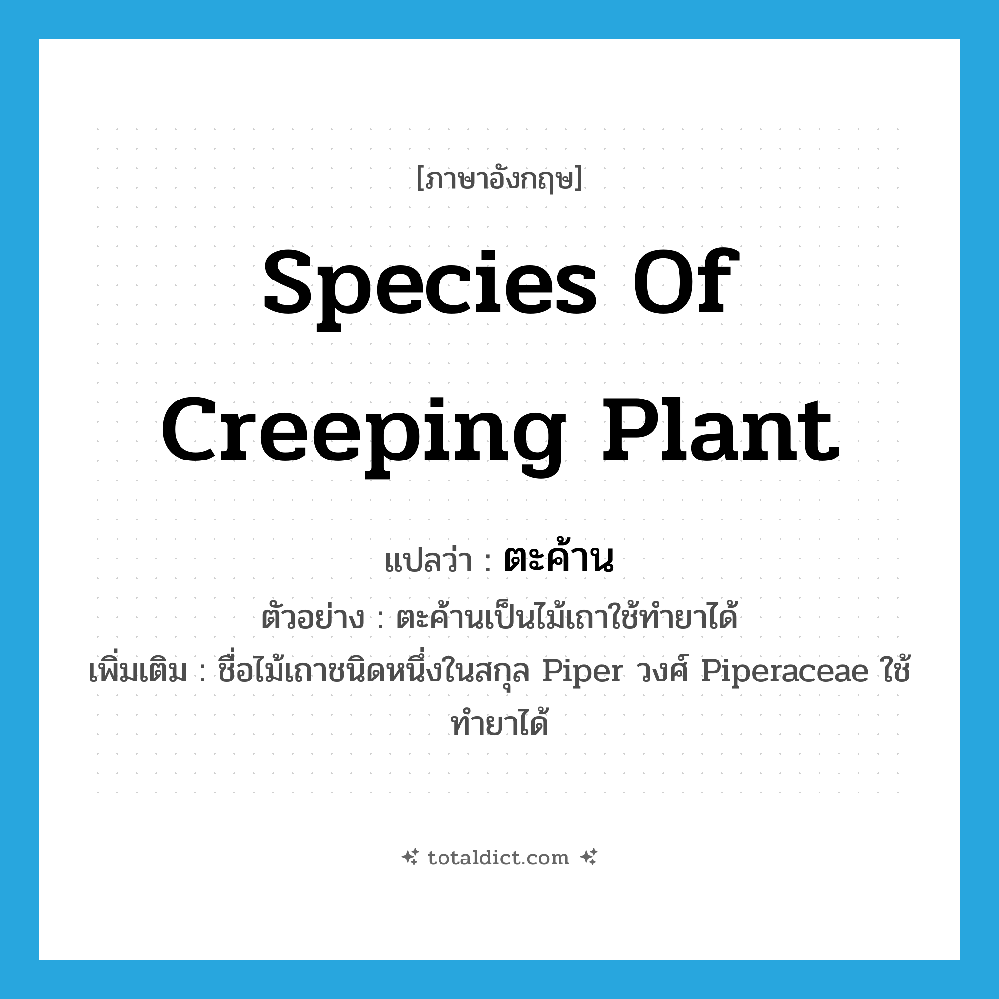 species of creeping plant แปลว่า?, คำศัพท์ภาษาอังกฤษ species of creeping plant แปลว่า ตะค้าน ประเภท N ตัวอย่าง ตะค้านเป็นไม้เถาใช้ทำยาได้ เพิ่มเติม ชื่อไม้เถาชนิดหนึ่งในสกุล Piper วงศ์ Piperaceae ใช้ทำยาได้ หมวด N