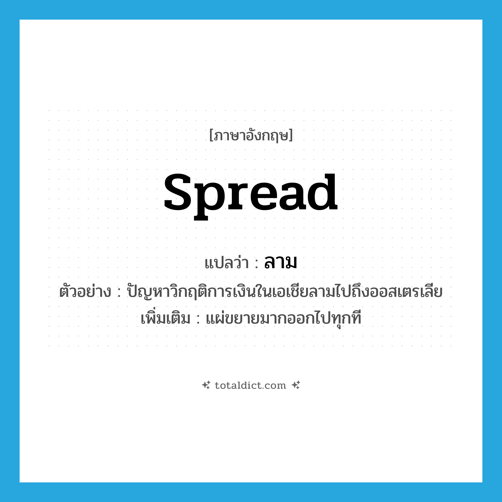 spread แปลว่า?, คำศัพท์ภาษาอังกฤษ spread แปลว่า ลาม ประเภท V ตัวอย่าง ปัญหาวิกฤติการเงินในเอเชียลามไปถึงออสเตรเลีย เพิ่มเติม แผ่ขยายมากออกไปทุกที หมวด V