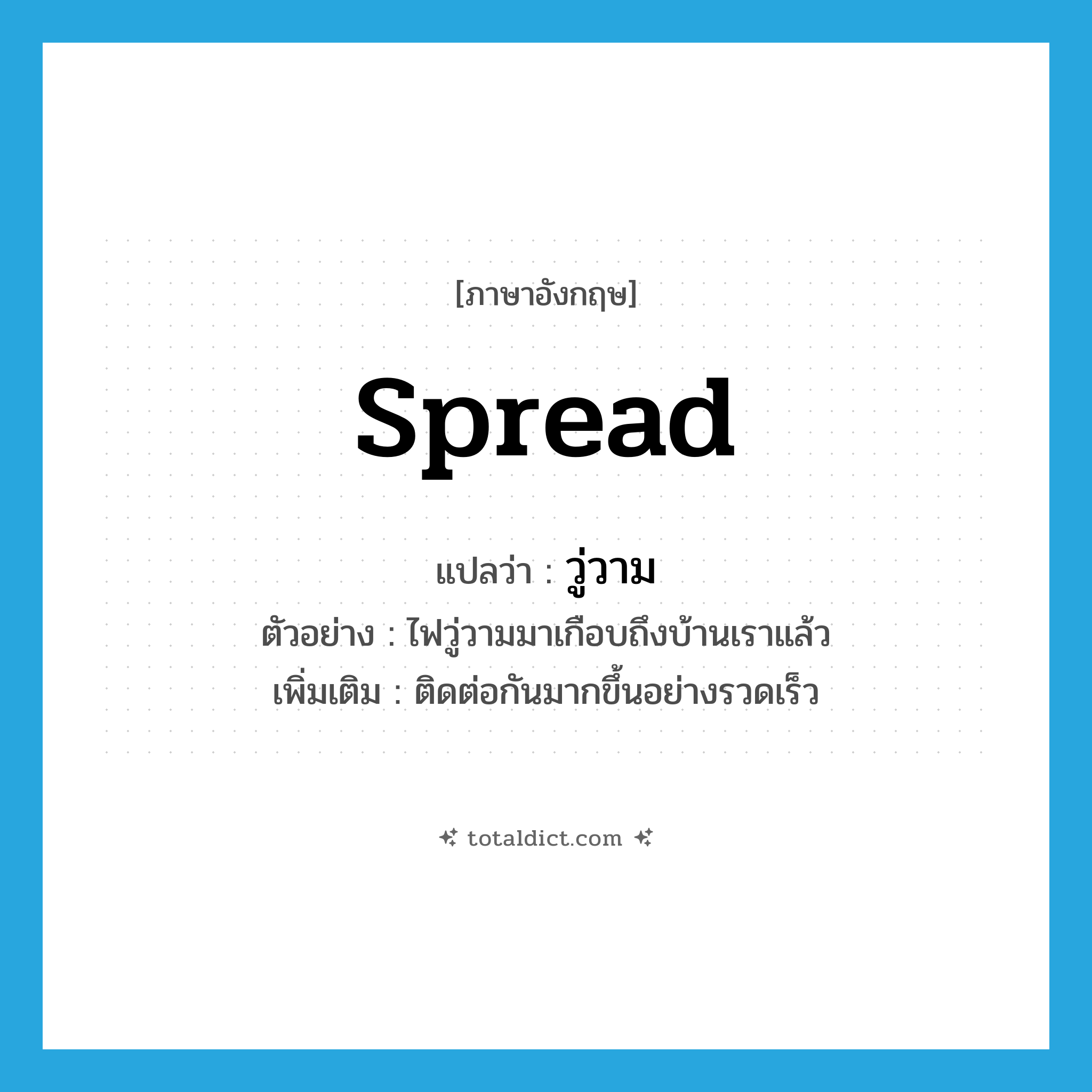 spread แปลว่า?, คำศัพท์ภาษาอังกฤษ spread แปลว่า วู่วาม ประเภท V ตัวอย่าง ไฟวู่วามมาเกือบถึงบ้านเราแล้ว เพิ่มเติม ติดต่อกันมากขึ้นอย่างรวดเร็ว หมวด V