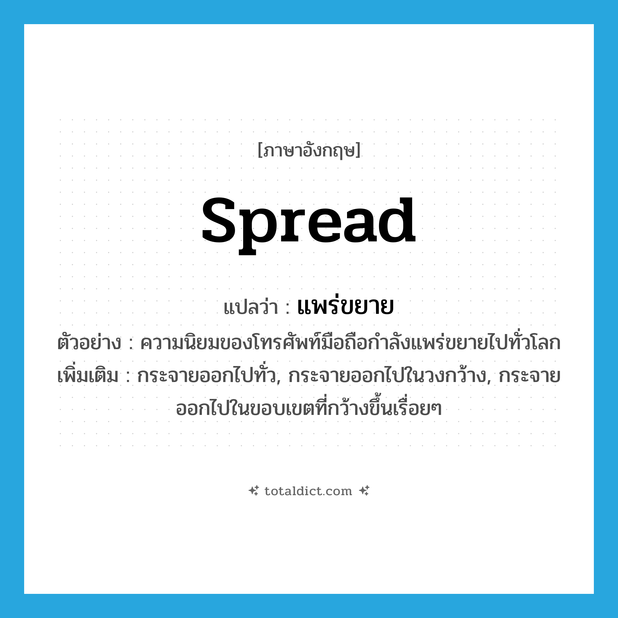 spread แปลว่า?, คำศัพท์ภาษาอังกฤษ spread แปลว่า แพร่ขยาย ประเภท V ตัวอย่าง ความนิยมของโทรศัพท์มือถือกำลังแพร่ขยายไปทั่วโลก เพิ่มเติม กระจายออกไปทั่ว, กระจายออกไปในวงกว้าง, กระจายออกไปในขอบเขตที่กว้างขึ้นเรื่อยๆ หมวด V