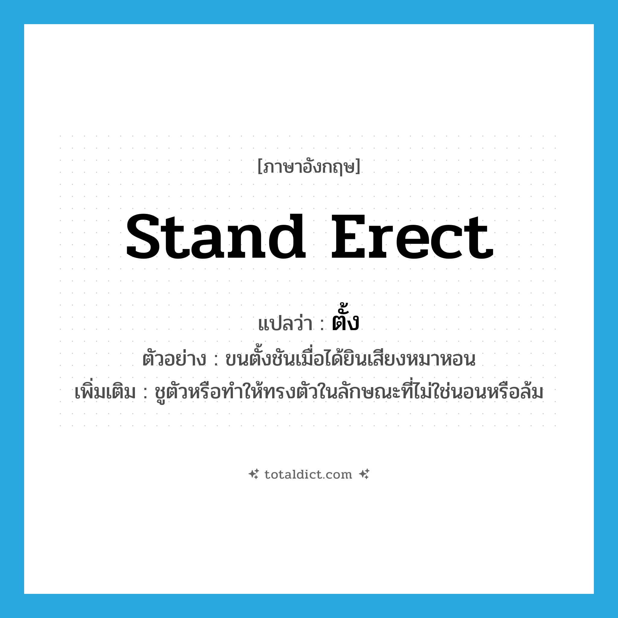 stand erect แปลว่า?, คำศัพท์ภาษาอังกฤษ stand erect แปลว่า ตั้ง ประเภท V ตัวอย่าง ขนตั้งชันเมื่อได้ยินเสียงหมาหอน เพิ่มเติม ชูตัวหรือทำให้ทรงตัวในลักษณะที่ไม่ใช่นอนหรือล้ม หมวด V