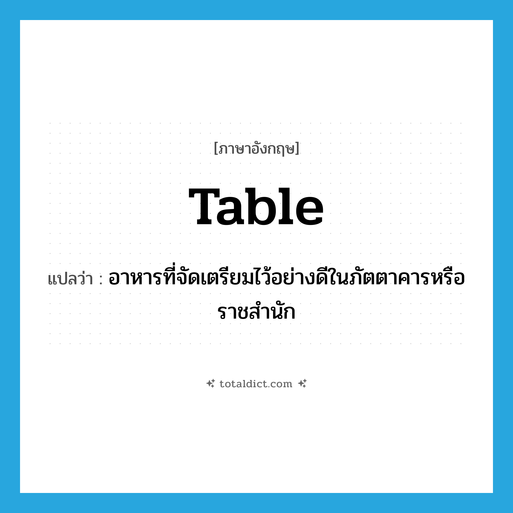 table แปลว่า?, คำศัพท์ภาษาอังกฤษ table แปลว่า อาหารที่จัดเตรียมไว้อย่างดีในภัตตาคารหรือราชสำนัก ประเภท N หมวด N