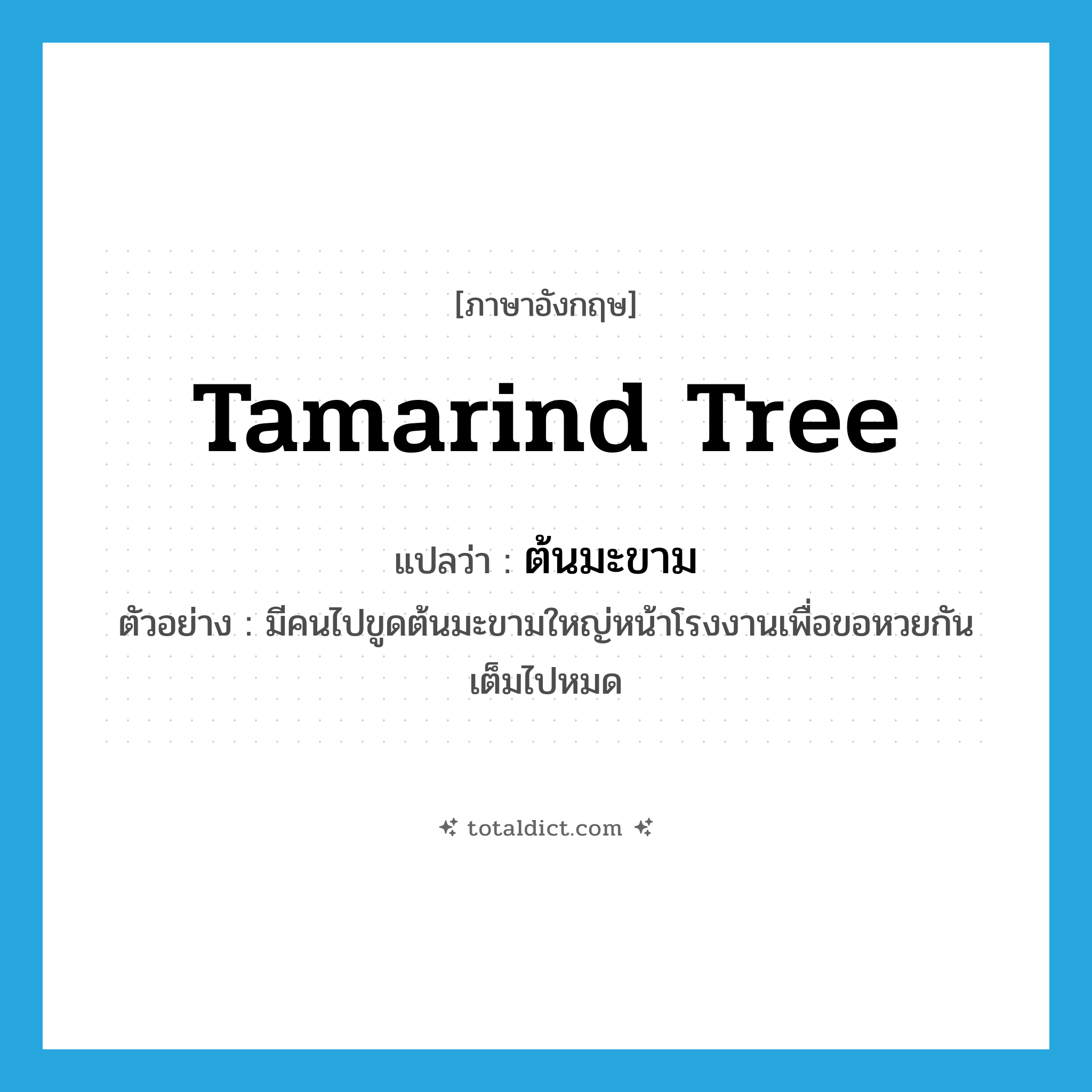 tamarind tree แปลว่า?, คำศัพท์ภาษาอังกฤษ tamarind tree แปลว่า ต้นมะขาม ประเภท N ตัวอย่าง มีคนไปขูดต้นมะขามใหญ่หน้าโรงงานเพื่อขอหวยกันเต็มไปหมด หมวด N