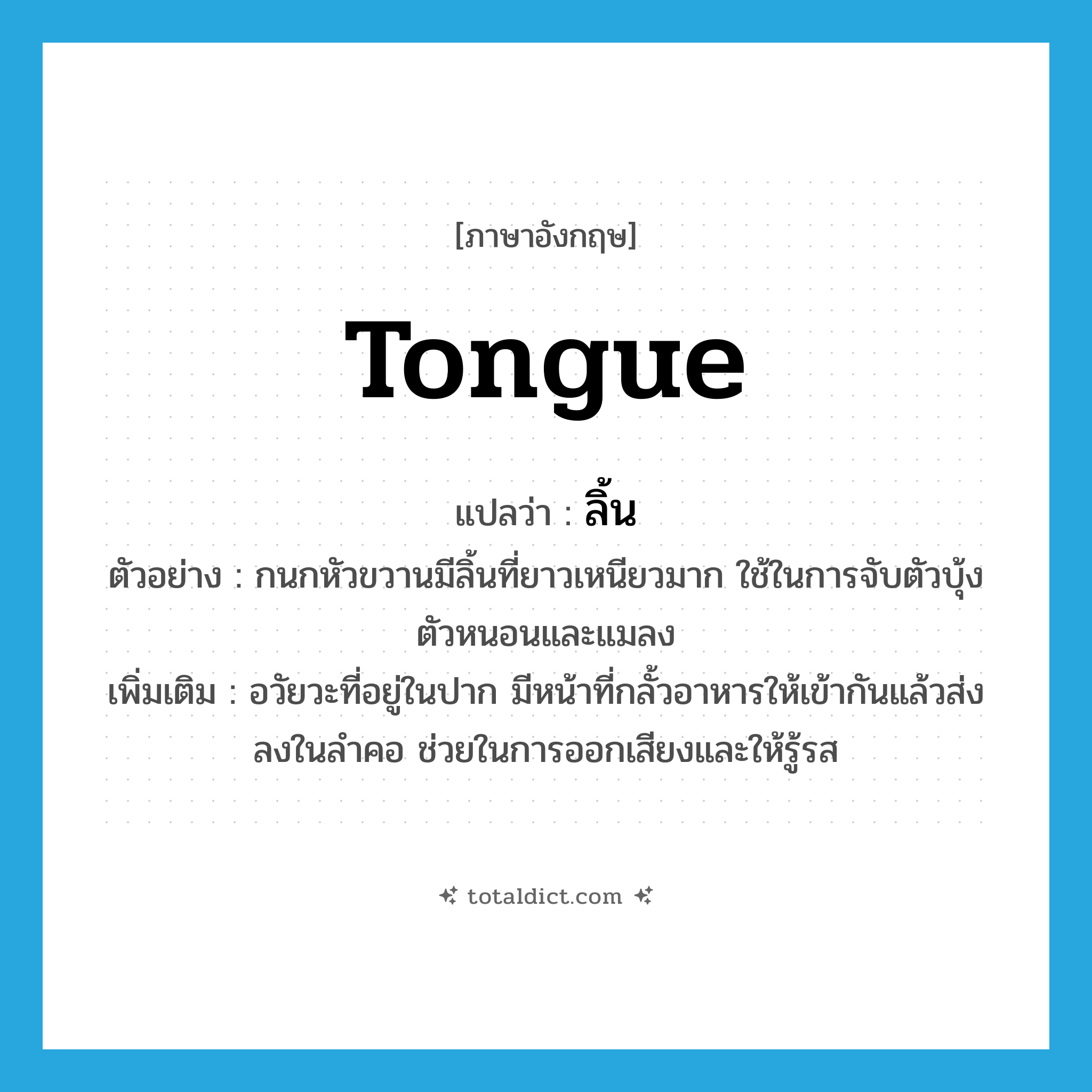 tongue แปลว่า?, คำศัพท์ภาษาอังกฤษ tongue แปลว่า ลิ้น ประเภท N ตัวอย่าง กนกหัวขวานมีลิ้นที่ยาวเหนียวมาก ใช้ในการจับตัวบุ้ง ตัวหนอนและแมลง เพิ่มเติม อวัยวะที่อยู่ในปาก มีหน้าที่กลั้วอาหารให้เข้ากันแล้วส่งลงในลำคอ ช่วยในการออกเสียงและให้รู้รส หมวด N