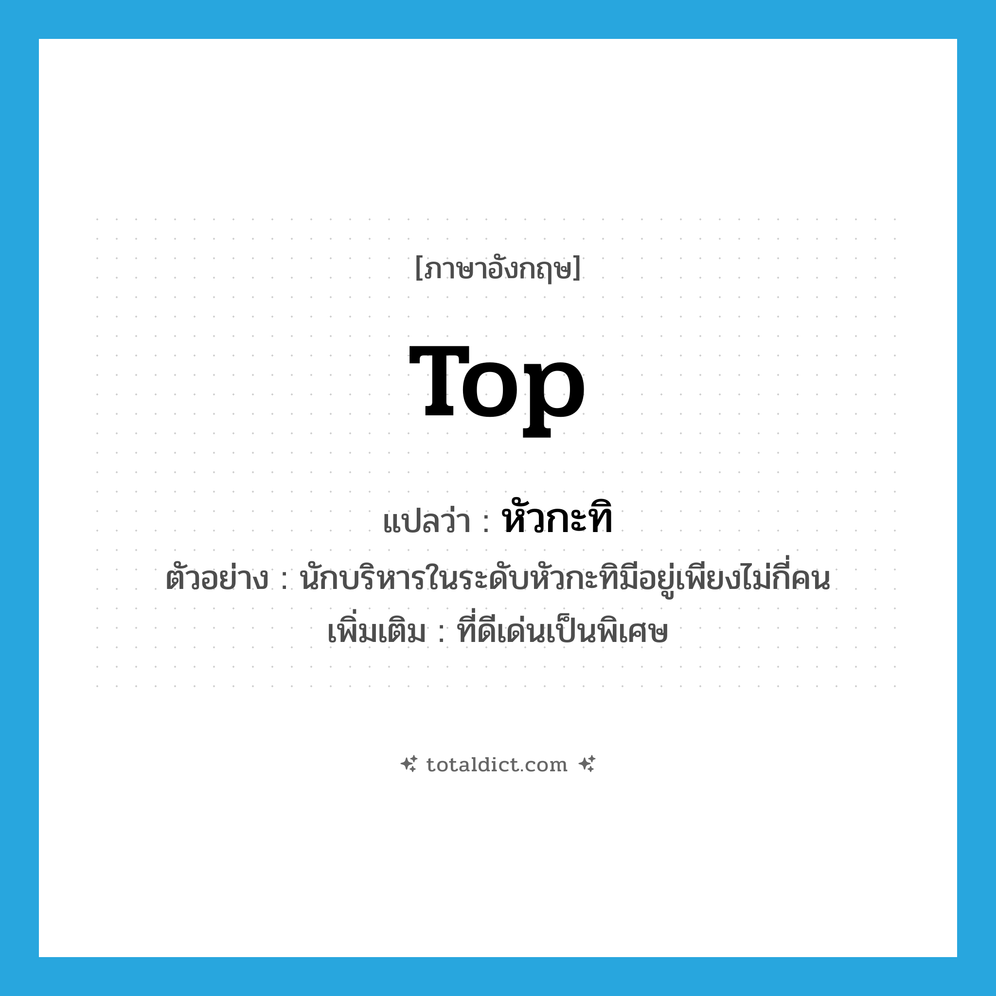 top แปลว่า?, คำศัพท์ภาษาอังกฤษ top แปลว่า หัวกะทิ ประเภท ADJ ตัวอย่าง นักบริหารในระดับหัวกะทิมีอยู่เพียงไม่กี่คน เพิ่มเติม ที่ดีเด่นเป็นพิเศษ หมวด ADJ